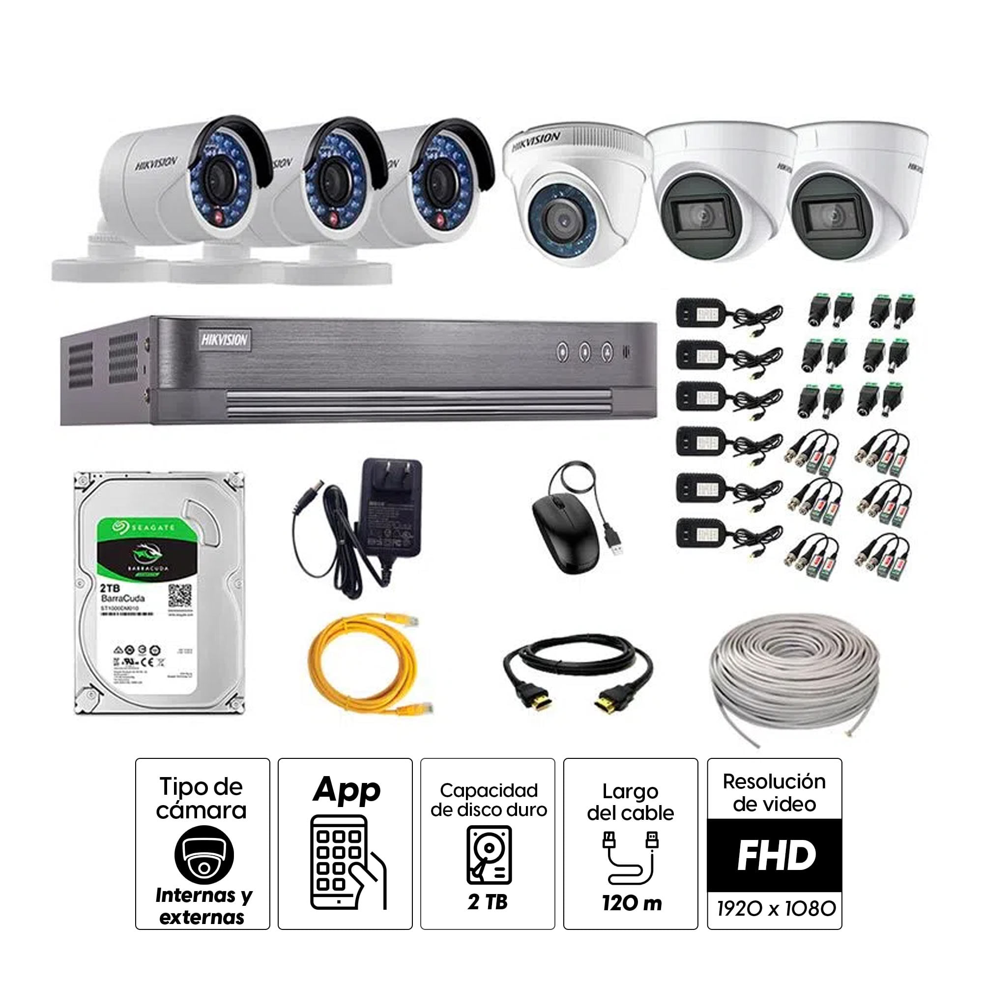 Imagen 2 del producto Kit de seguridad Hikvision 2 cámaras Domo (audio incorporado) 1080P + 1 cámara Domo 1080P + 3 cámaras Tubo 1080P + dvr + disco 2TB