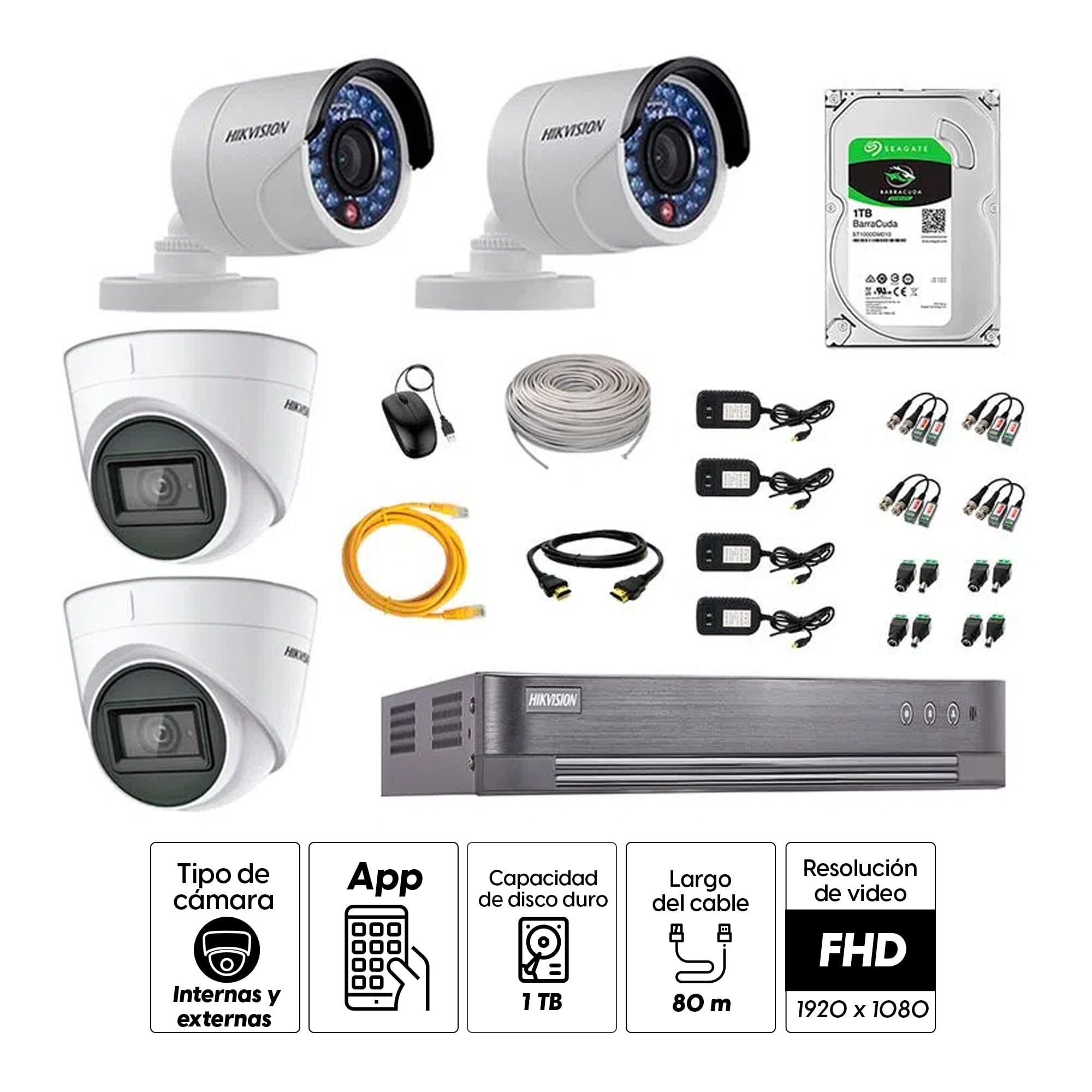 Imagen 2 del producto Kit de seguridad Hikvision 2 cámaras Domo (audio incorporado) 1080P + 2 cámaras Tubo 1080P + dvr + disco 1TB