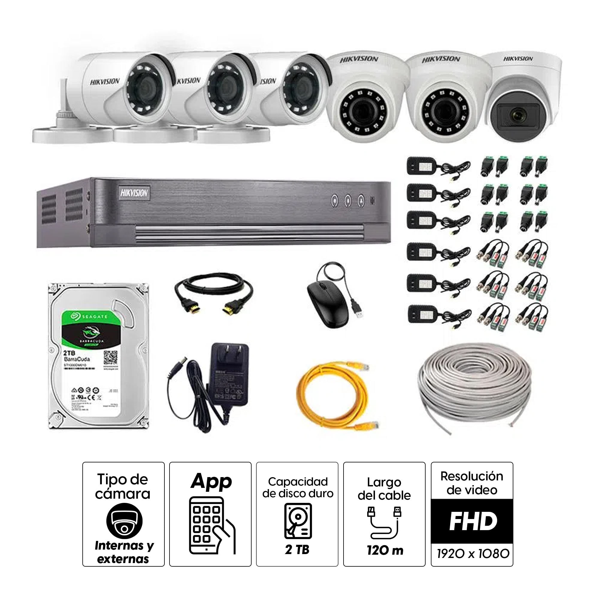 Imagen 2 del producto Kit de seguridad Hikvision 1 cámara Domo (micrófono incorporado) 1080P + 2 cámaras Domo Turbo 1080P + 3 cámaras Tubo Turbo 1080P + dvr + disco 2TB