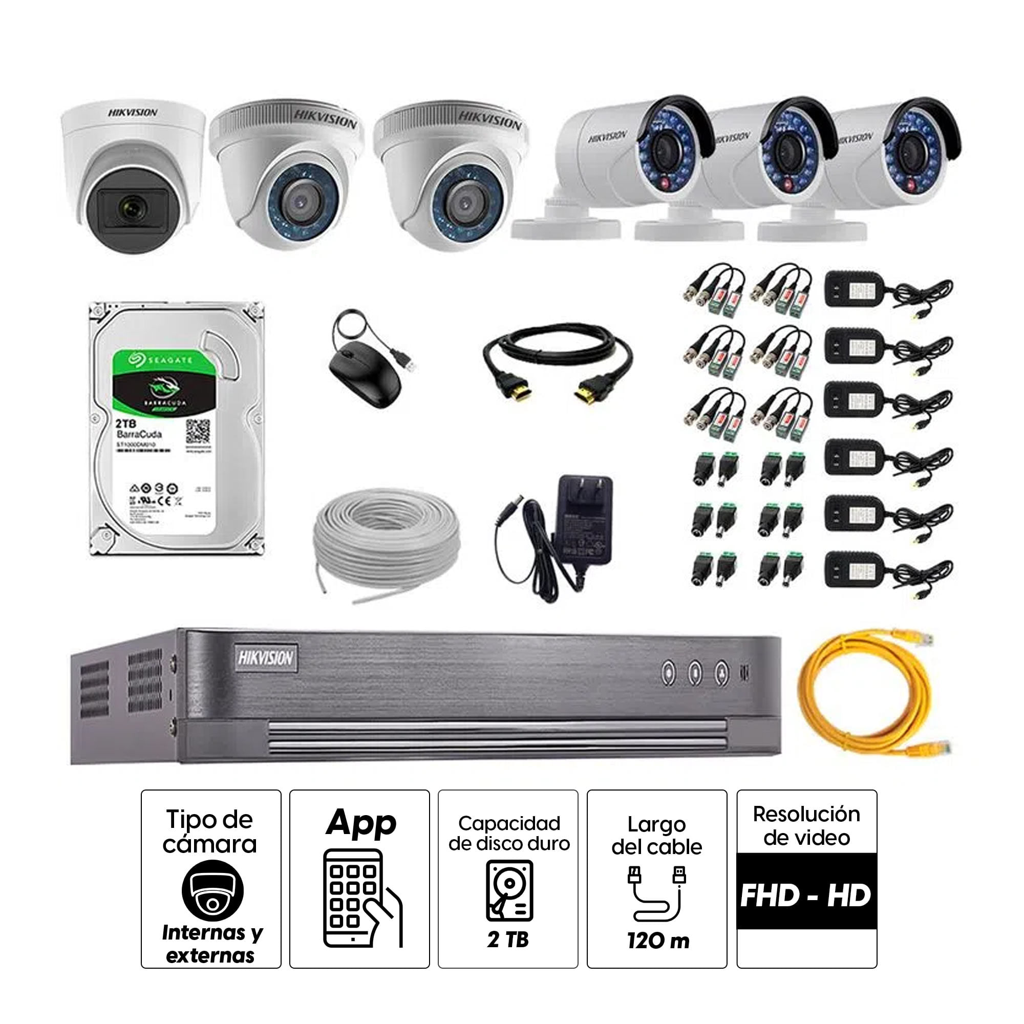 Imagen 2 del producto Kit de seguridad Hikvision 1 cámara Domo (micrófono incorporado) 1080P + 2 cámaras Domo Turbo 720P + 3 cámaras Tubo Turbo 720P + dvr + disco 2TB