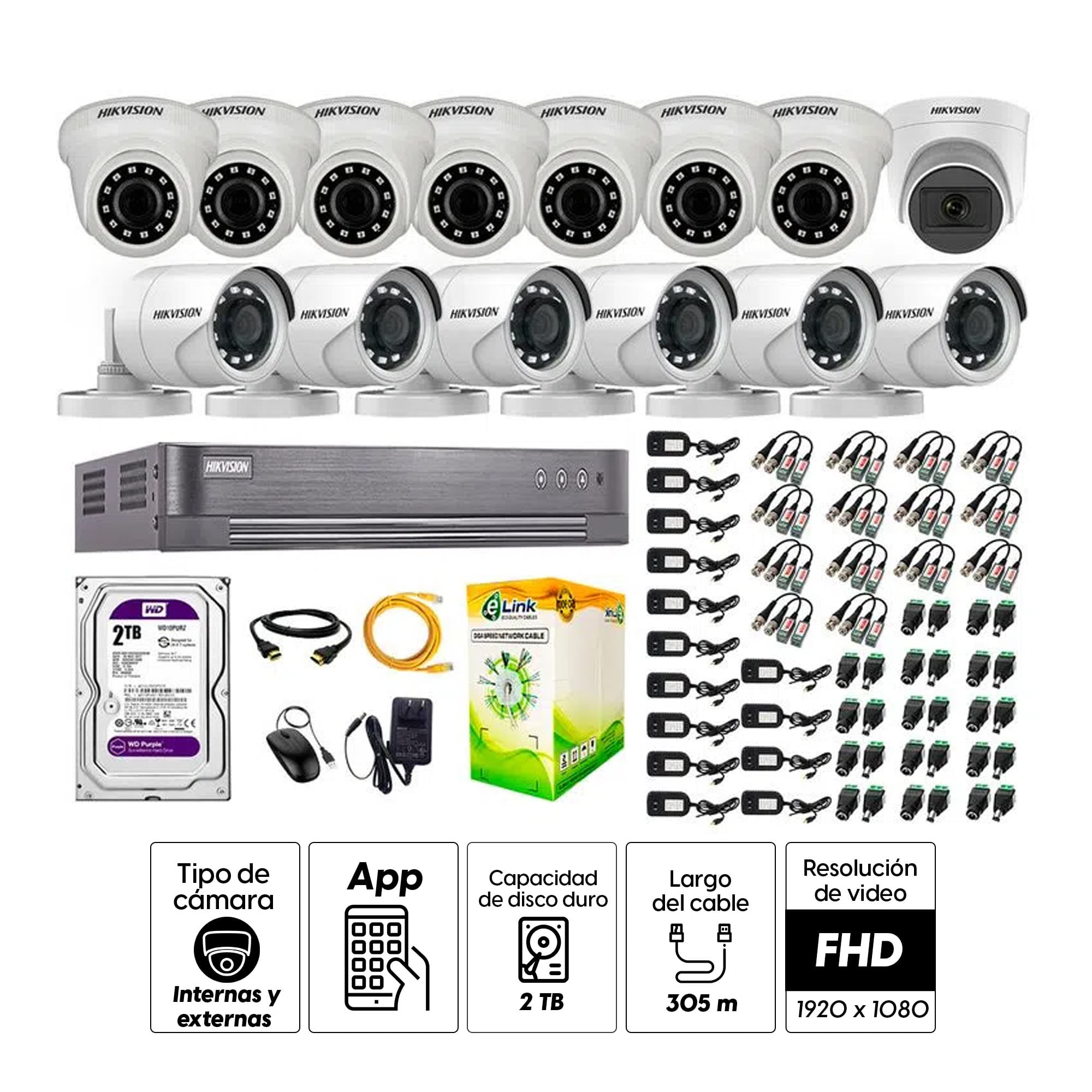 Imagen 2 del producto Kit de seguridad Hikvision 1 cámara Domo (micrófono incorporado) 1080P + 7 cámaras Domo Turbo 1080P + 6 cámaras Tubo Turbo 1080P + dvr + disco 2TB