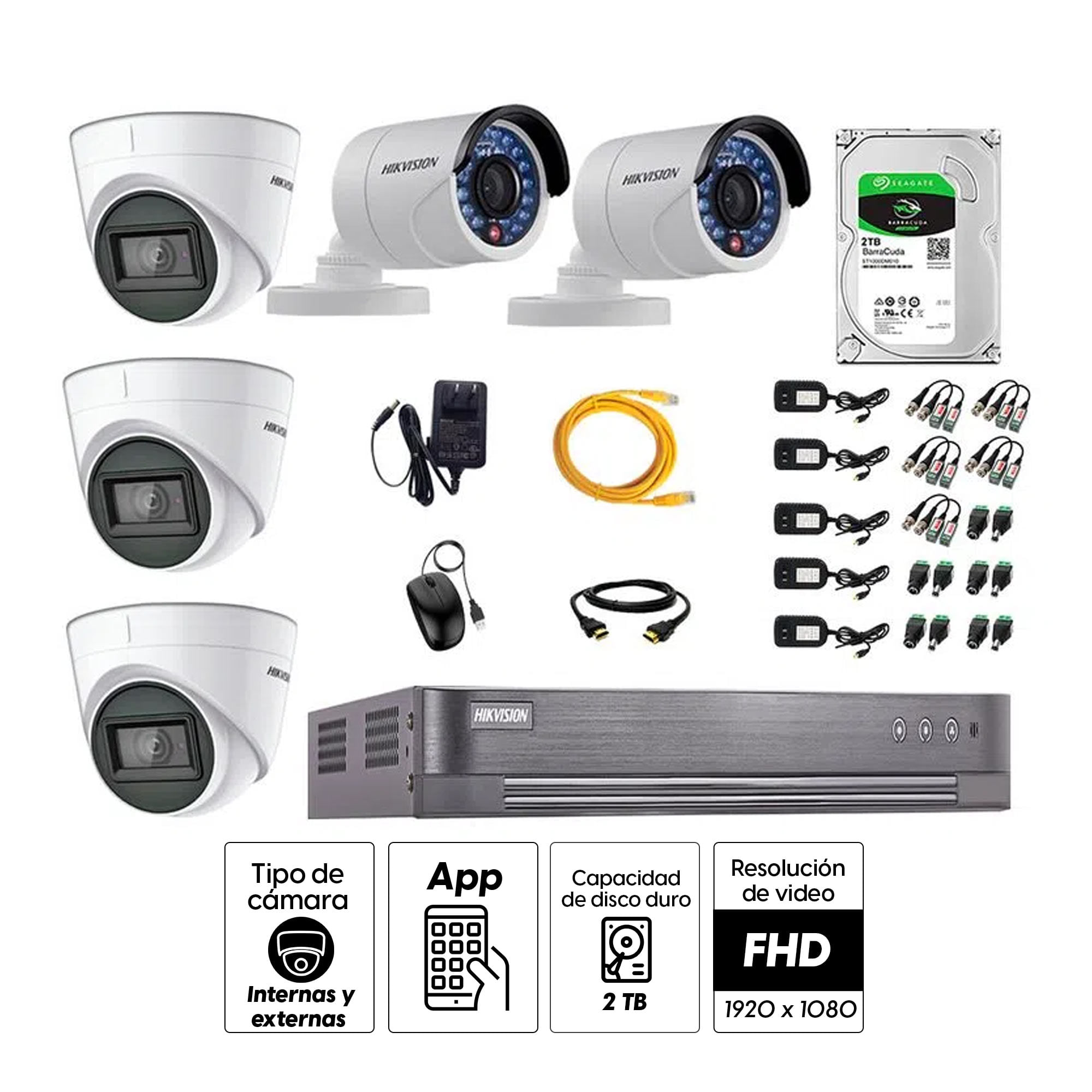 Imagen 2 del producto Kit de seguridad Hikvision 3 cámaras Domo (audio incorporado) 1080P + 2 cámaras Tubo 1080P + dvr + disco 2TB
