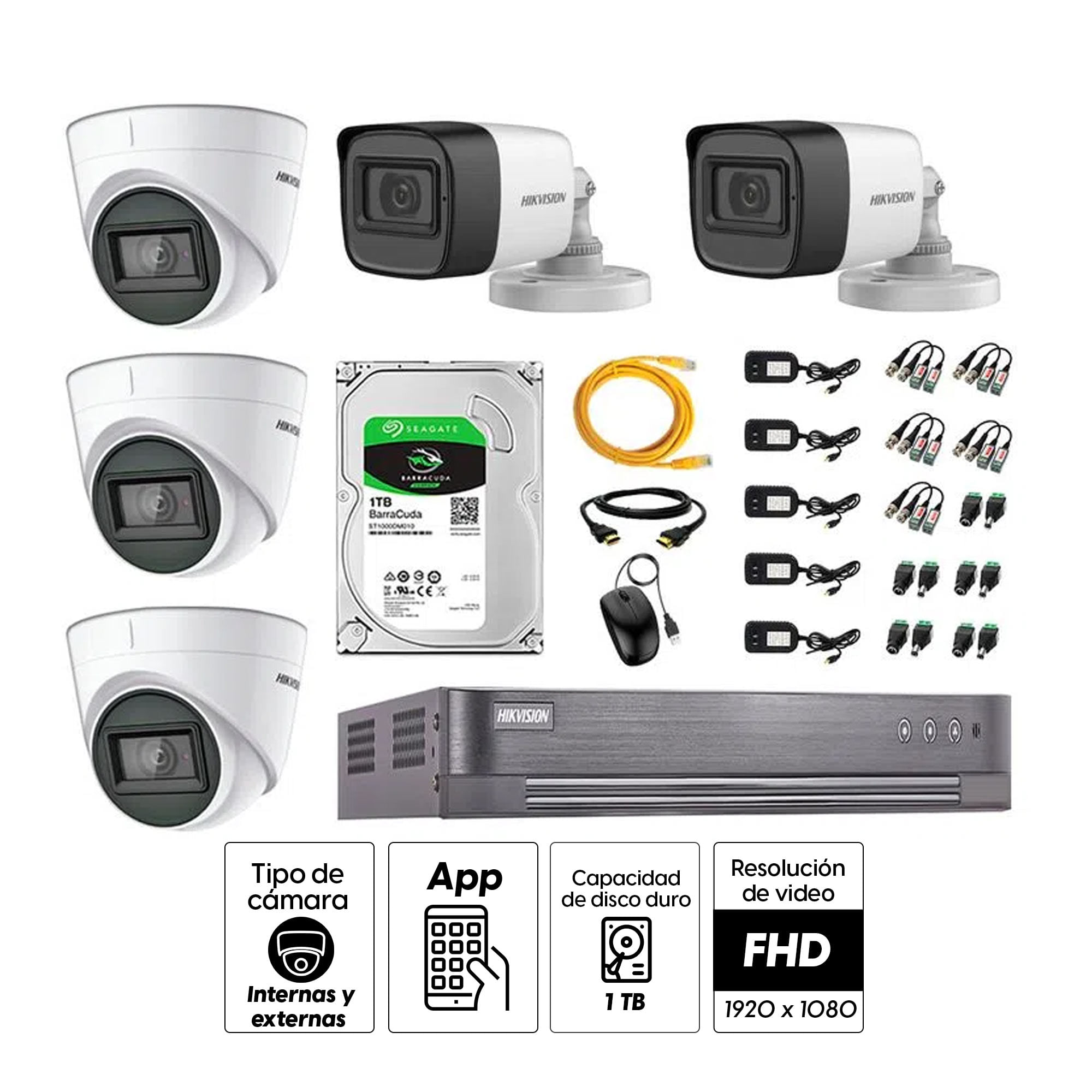 Imagen 2 del producto Kit de seguridad Hikvision 3 cámaras Domo (audio incorporado) 1080P + 2 cámaras Tubo (audio incorporado) 1080P + dvr + disco 1TB
