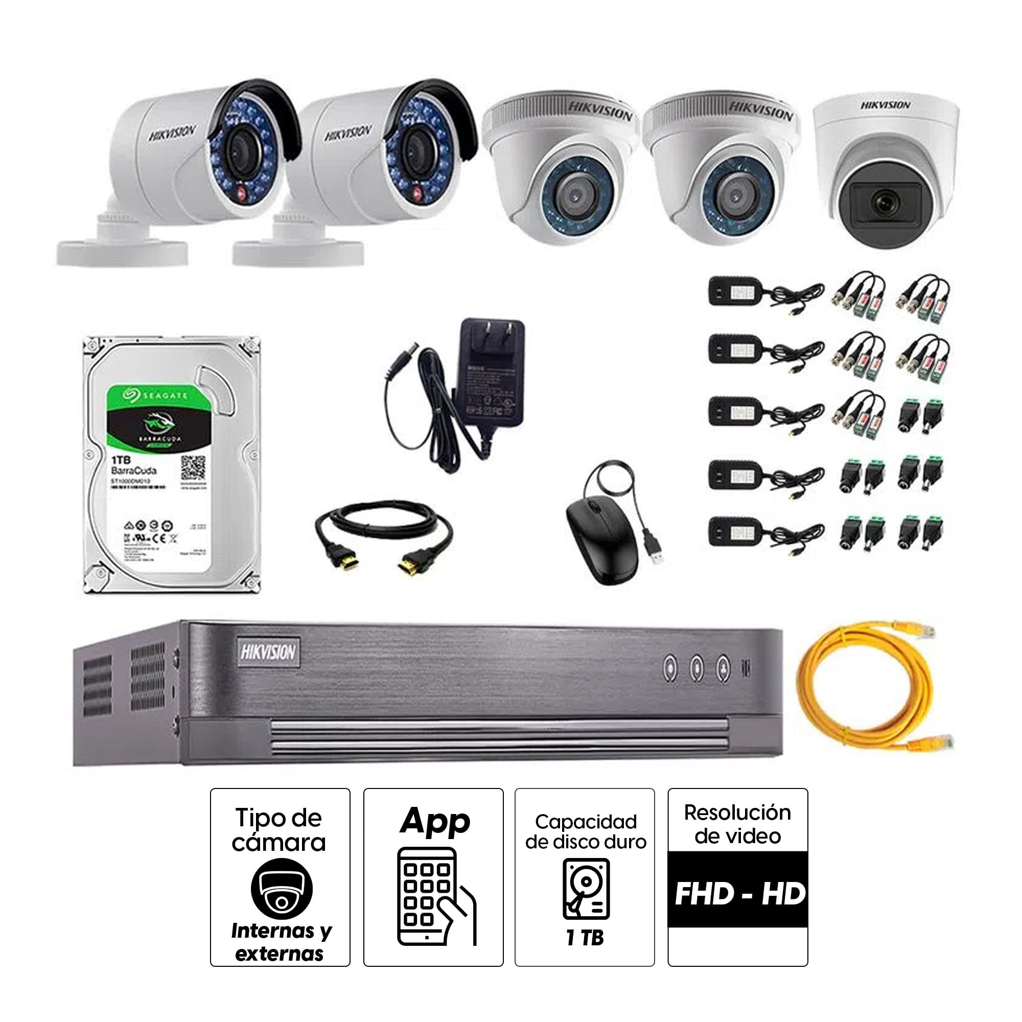 Imagen 2 del producto Kit de seguridad Hikvision 1 cámara Domo (micrófono incorporado) 1080P + 2 cámaras Domo Turbo 720P + 2 cámaras Tubo Turbo 720P + dvr + disco 1TB