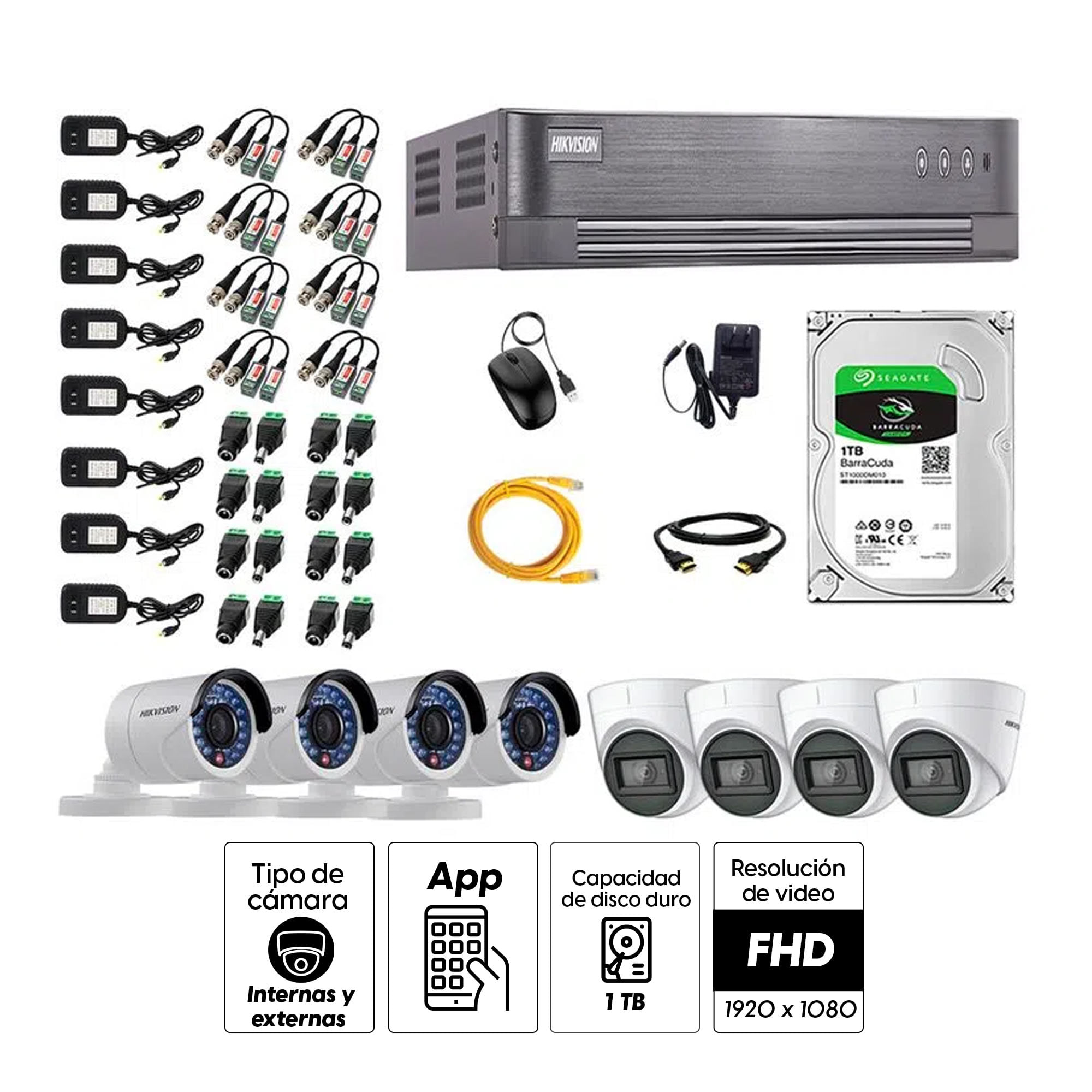 Imagen 2 del producto Kit de seguridad Hikvision 4 cámaras Domo (audio incorporado) 1080P + 4 cámaras Tubo + dvr + disco 1TB