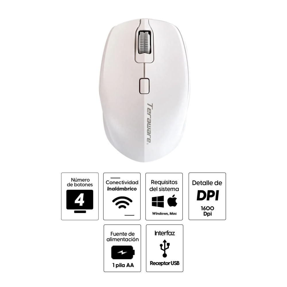 Imagen 2 del producto Mouse inalámbrico Coolbox Teraware M31X, receptor usb, 1600 dpi, 4 botones, usa pilas, blanco