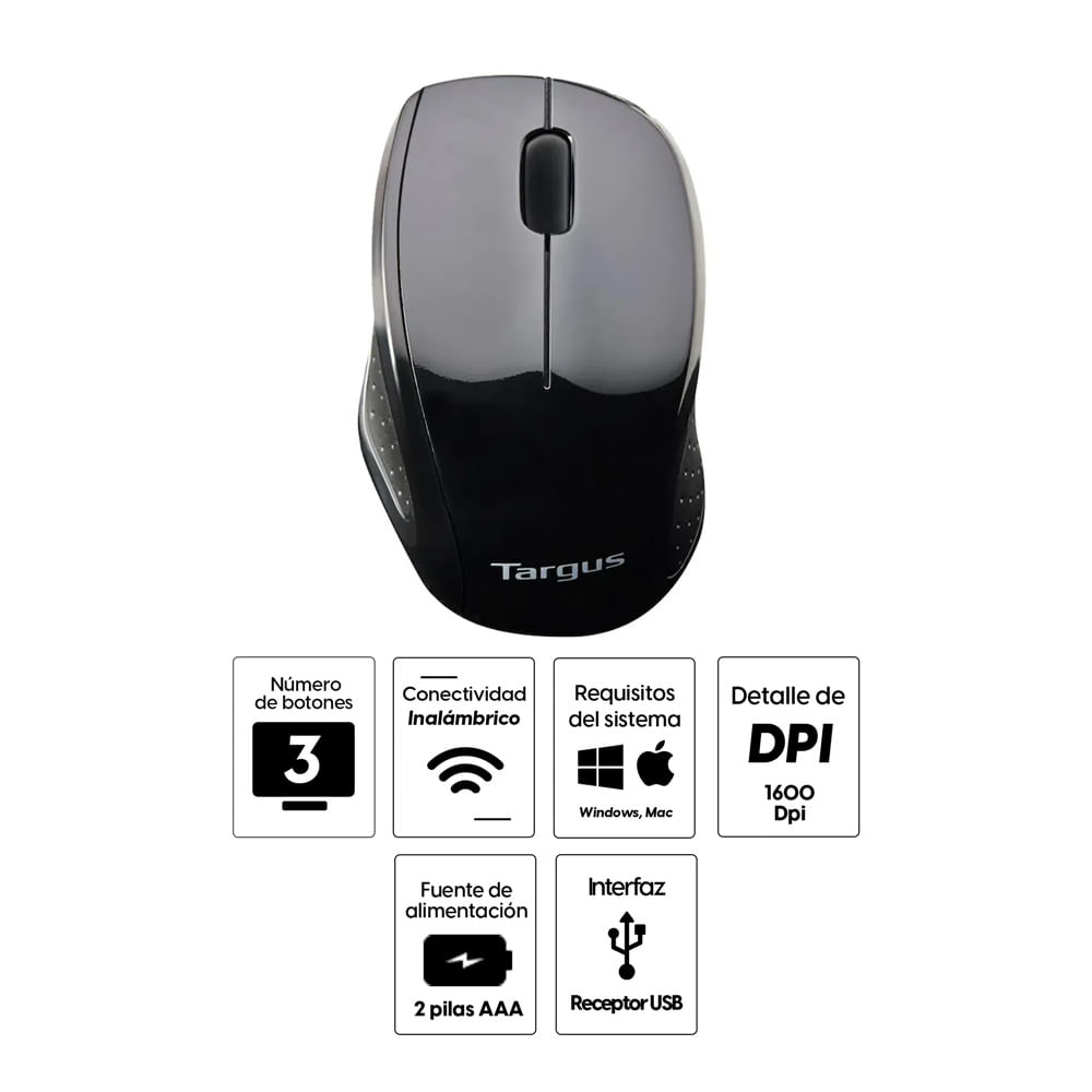 Imagen 2 del producto Mouse inalámbrico Targus AMW571BT, receptor usb, 1600 dpi, 3 botones, usa pilas, negro