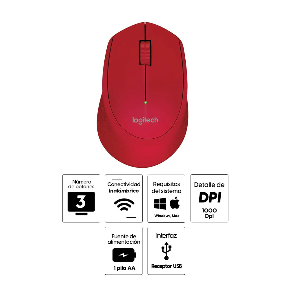 Imagen 2 del producto Mouse inalámbrico Logitech M280 3 botones, rojo