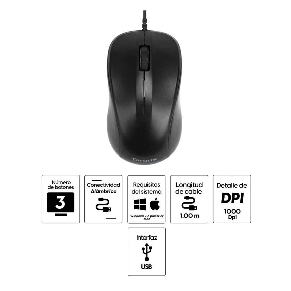 Imagen 2 del producto Mouse alámbrico Targus AMU80US, conexión usb, 1000 dpi, 3 botones, negro