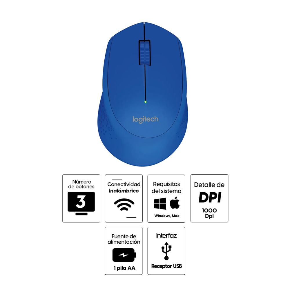 Imagen 2 del producto Mouse inalámbrico Logitech M280 nano receptor, 1000 dpi, 3 botones, usa pila, azul