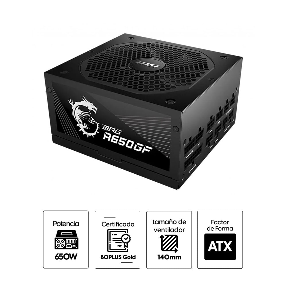 Imagen 2 del producto Fuente de poder MSI MPG A650GF 650W, 47 Hz - 63 Hz, 80 Plus Gold certified full modular