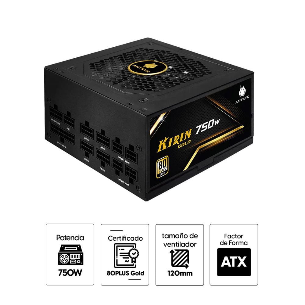 Imagen 2 del producto Fuente de poder Antryx Kirin 750 GOLD, 750W, 80 Plus Gold, modular