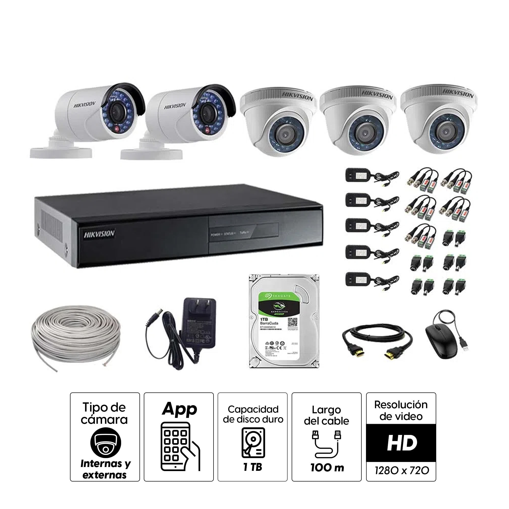 Imagen 2 del producto Kit de cámaras de seguridad Hikvision 5 cámaras, 720P + DVR + disco duro de 1TB + 100 m de cable Cat 5E