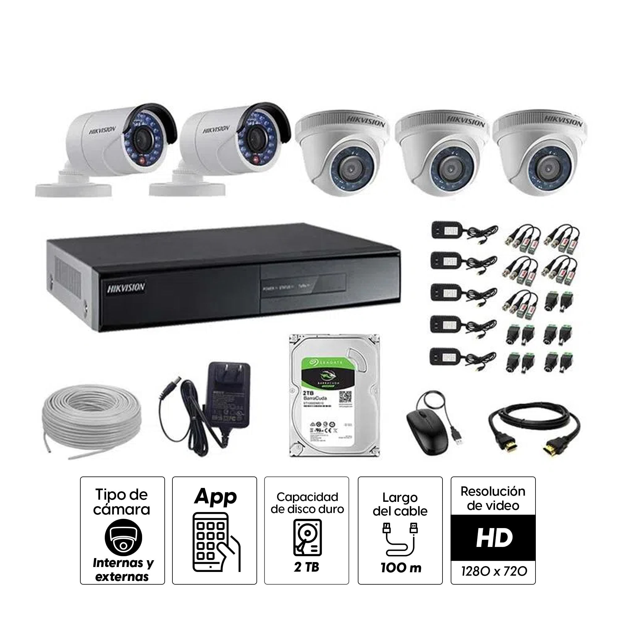 Imagen 2 del producto Kit de cámaras de seguridad Hikvision 5 cámaras, 720P + DVR + disco duro de 2TB + 100 m de cable Cat 5E