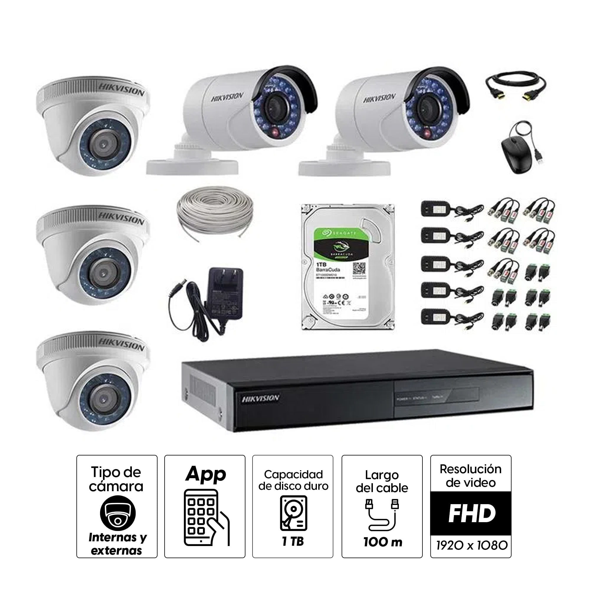 Imagen 2 del producto Kit de cámaras de seguridad Hikvision 5 cámaras, 1080P + DVR + disco duro de 1TB + 100 m de cable Cat 5E