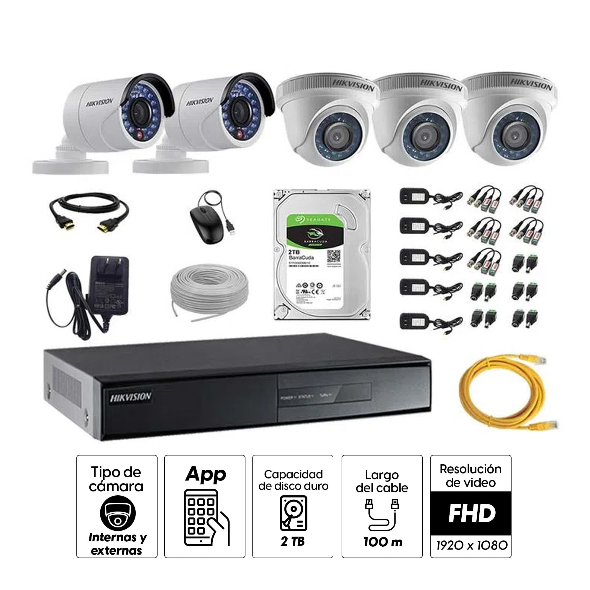 Imagen 2 del producto Kit de cámaras de seguridad Hikvision 5 cámaras, 1080P + DVR + disco duro de 2TB + 100 m de cable Cat 5E