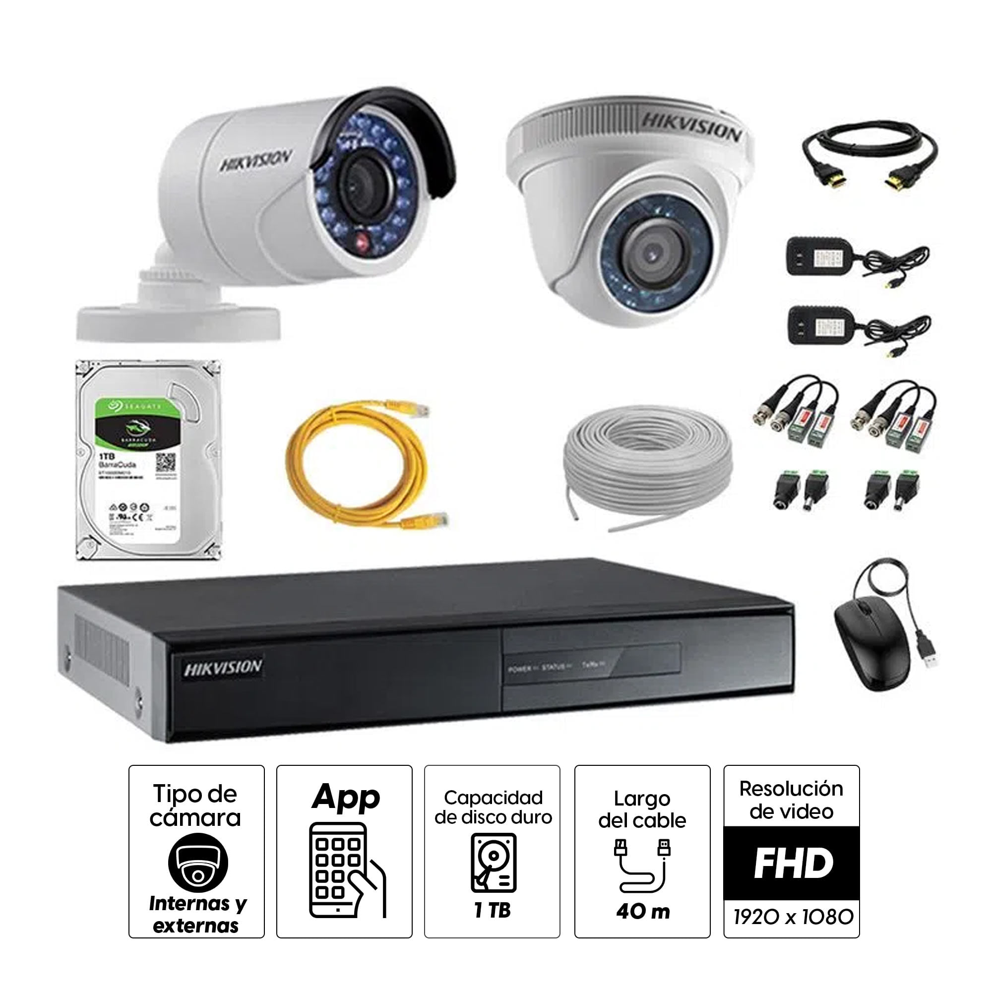 Imagen 2 del producto Kit de cámaras de seguridad Hikvision 2 cámaras, 1080P + DVR + disco duro de 1TB + 40 m de cable Cat 5E