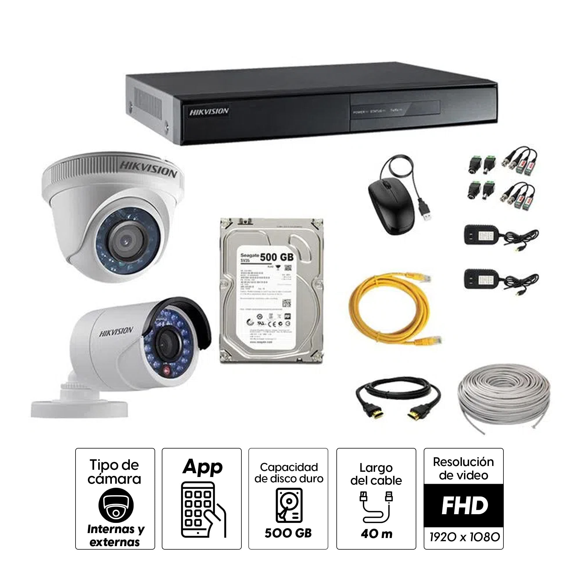 Imagen 2 del producto Kit de cámaras de seguridad Hikvision 2 cámaras, 1080P + DVR + disco duro de 500GB + 40 m de cable Cat 5E