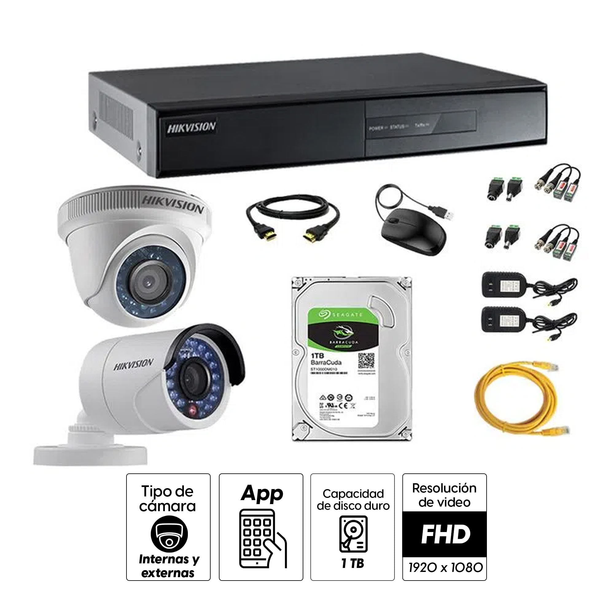 Imagen 2 del producto Kit de cámaras de seguridad Hikvision 2 cámaras, 1080P, visión nocturna + DVR + disco duro de 1TB