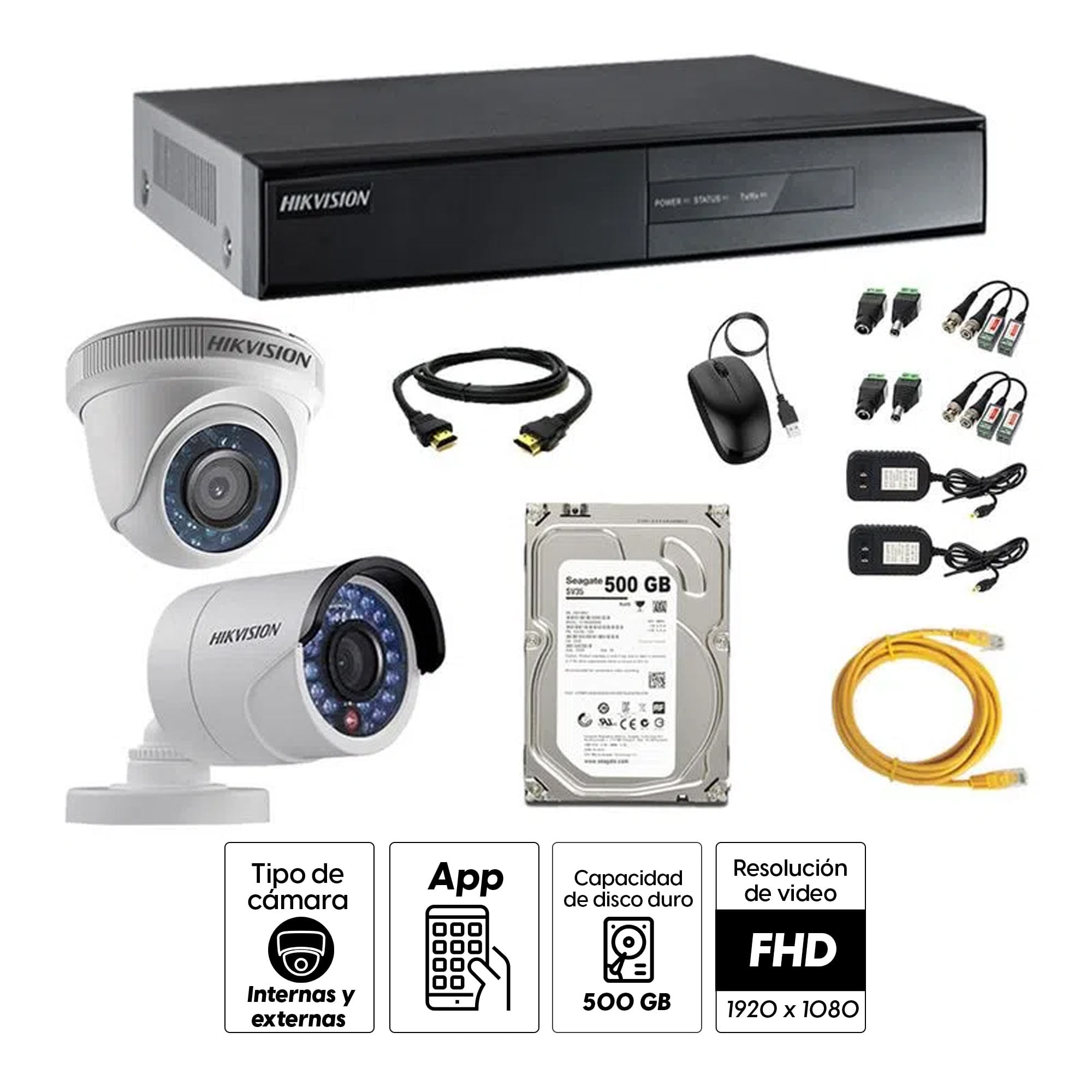 Imagen 2 del producto Kit de cámaras de seguridad Hikvision 2 cámaras, 1080P, visión nocturna + DVR + disco duro de 500GB