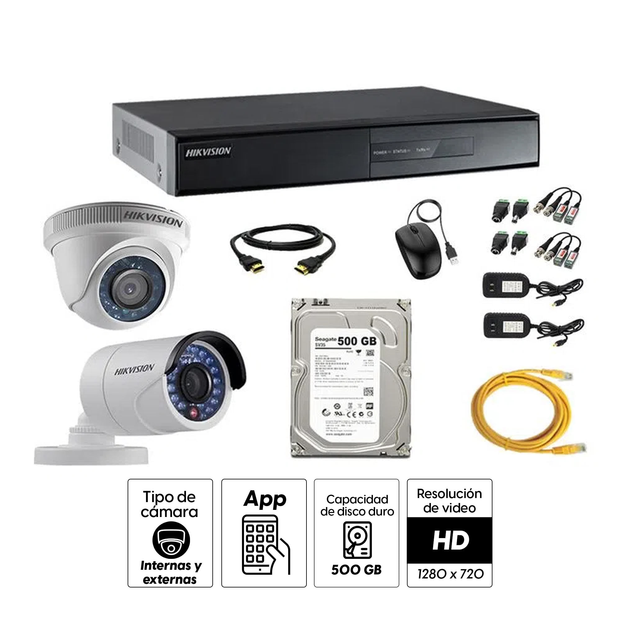 Imagen 2 del producto Kit de cámaras de seguridad Hikvision 2 cámaras, 720P + DVR + disco duro de 500GB