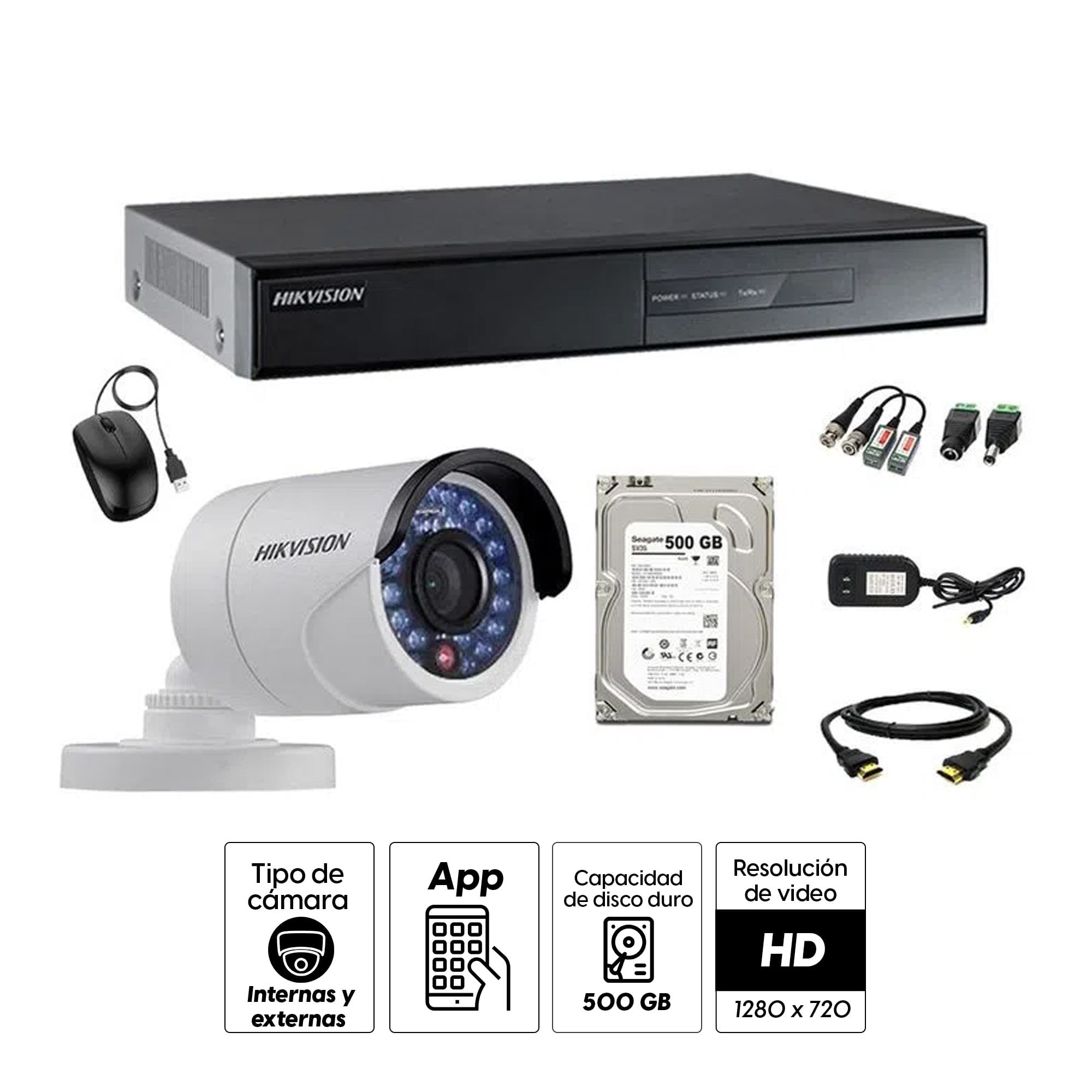 Imagen 2 del producto Kit de cámaras de seguridad Hikvision 1 cámara, 720P + DVR + disco duro de 500GB