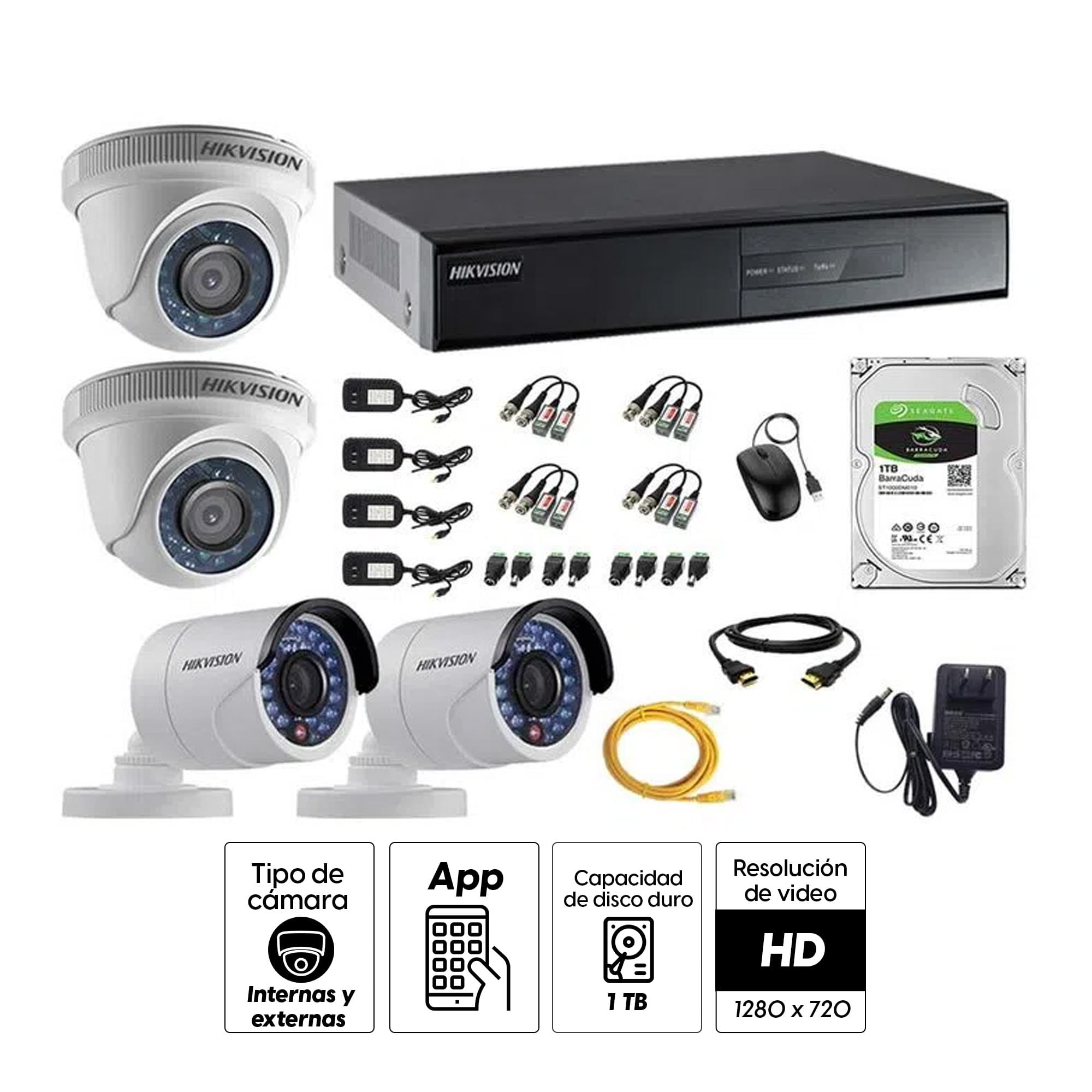Imagen 2 del producto Kit de cámaras de seguridad Hikvision 4 cámaras, 720P + DVR + disco duro de 1TB + cable HDMI
