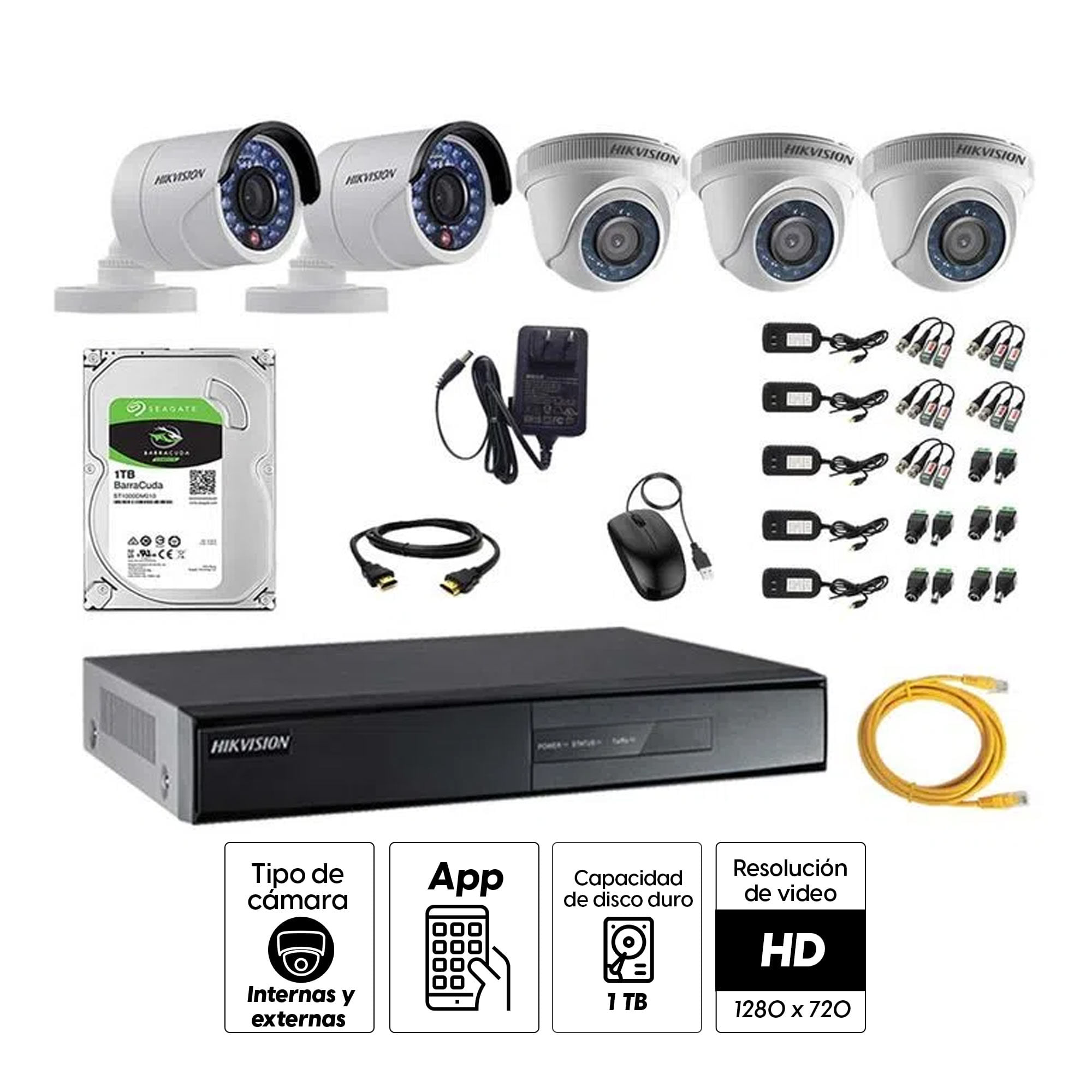 Imagen 2 del producto Kit de cámaras de seguridad Hikvision 5 cámaras, 720P + DVR + disco duro de 1TB + cable HDMI