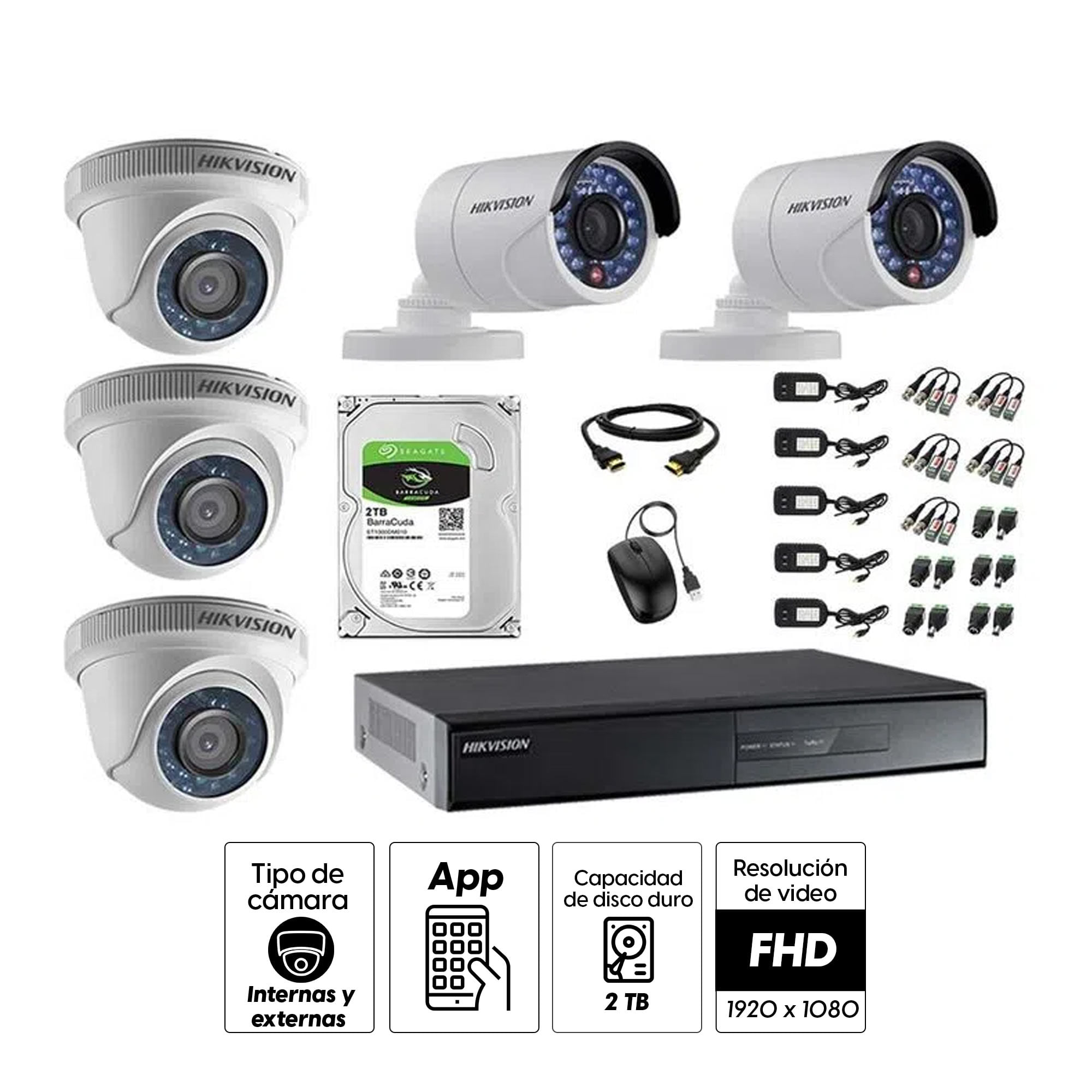 Imagen 2 del producto Kit de cámaras de seguridad Hikvision 5 cámaras, 1080P, visión nocturna + DVR + disco duro de 2TB