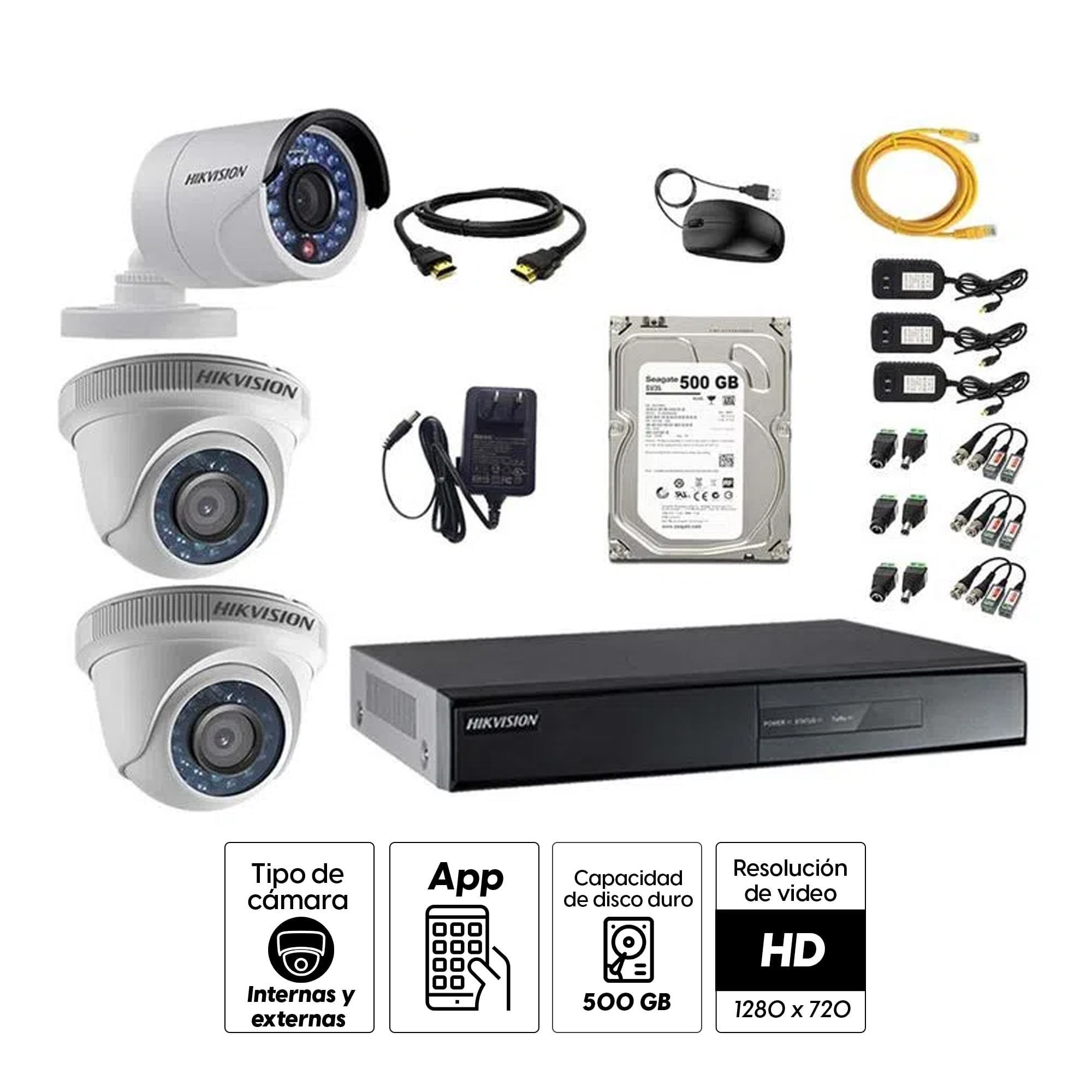 Imagen 2 del producto Kit de cámaras de seguridad Hikvision 3 cámaras, 720P + DVR + disco duro de 500GB