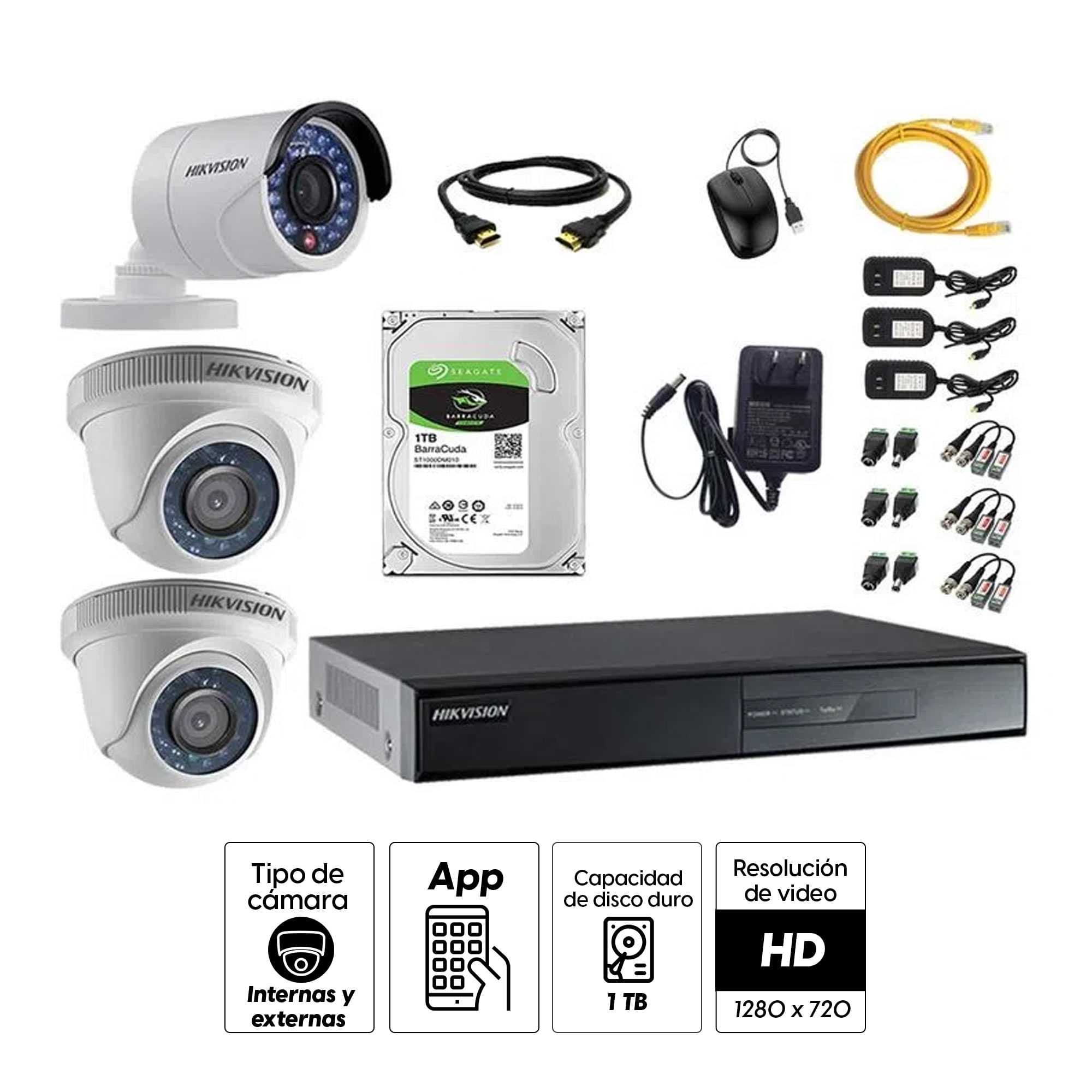 Imagen 2 del producto Kit de cámaras de seguridad Hikvision 3 cámaras, 720P + disco duro de 1TB + cable HDMI
