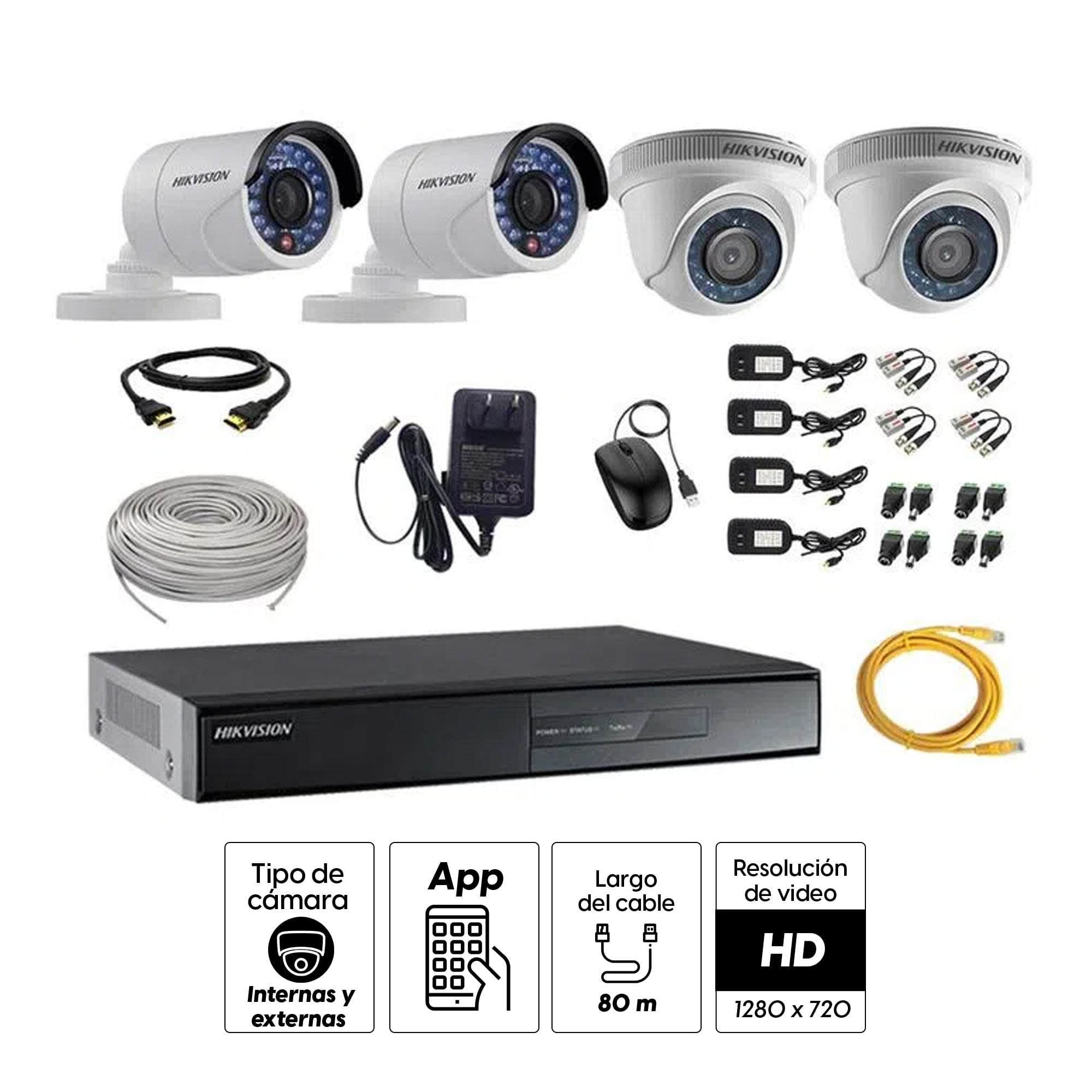 Imagen 2 del producto Kit de cámaras de seguridad Hikvision 4 cámaras, 720P + DVR + cable HDMI + 80 m de cable Cat 5E