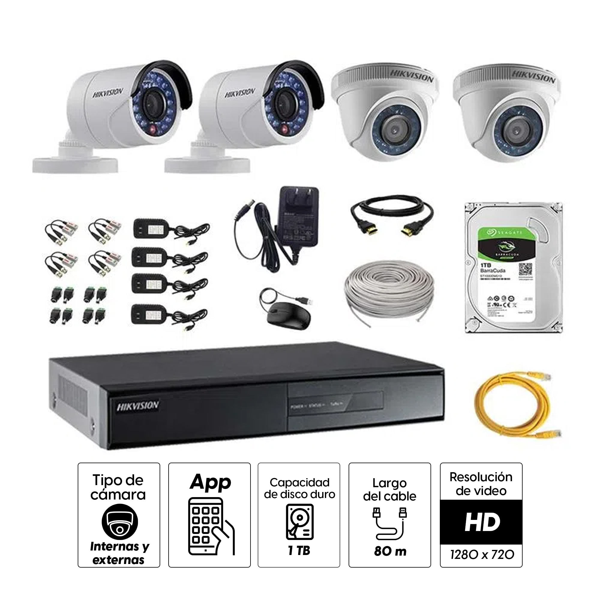 Imagen 2 del producto Kit de cámaras de seguridad Hikvision 4 cámaras, 720P + DVR + disco duro de 1TB + 80 m de cable Cat 5E