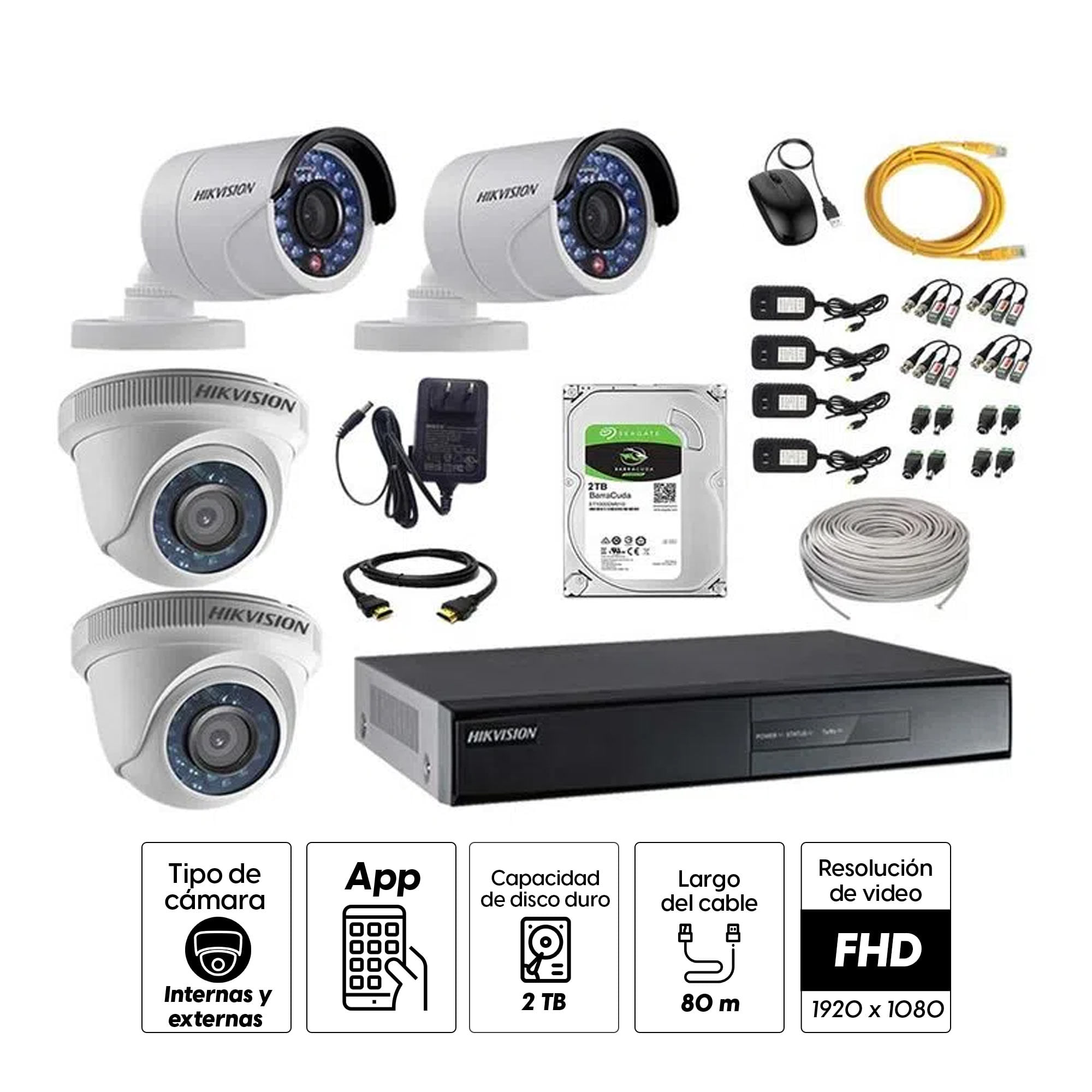 Imagen 2 del producto Kit de cámaras de seguridad Hikvision 4 cámaras, 1080P + DVR + disco duro de 2TB + 80 m de cable Cat 5E