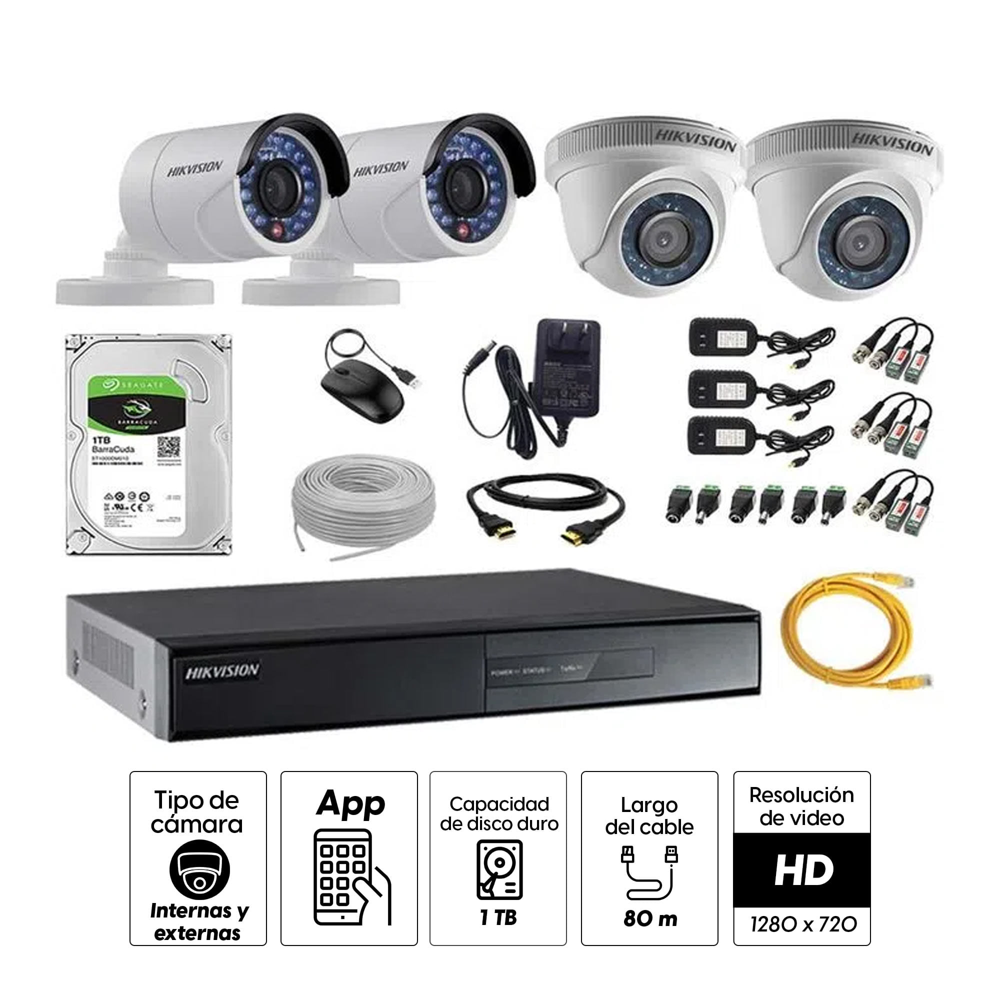 Imagen 2 del producto Kit de cámaras de seguridad Hikvision 4 cámaras, 720P + DVR + disco duro de 1TB + 80 m de cable Cat 5E