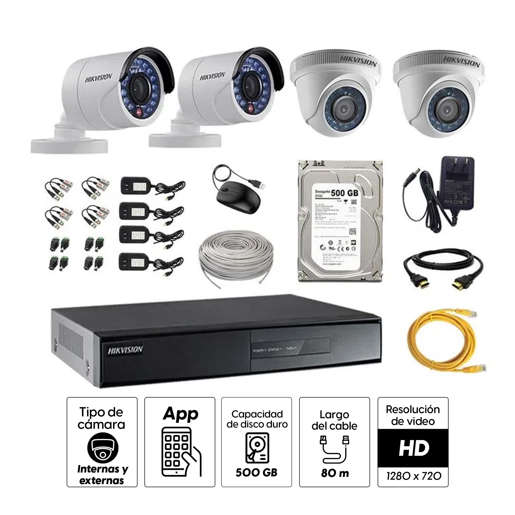 Imagen 2 del producto Kit de cámaras de seguridad Hikvision 4 cámaras, 720P + DVR + disco duro de 500GB + 80 m de cable Cat 5E