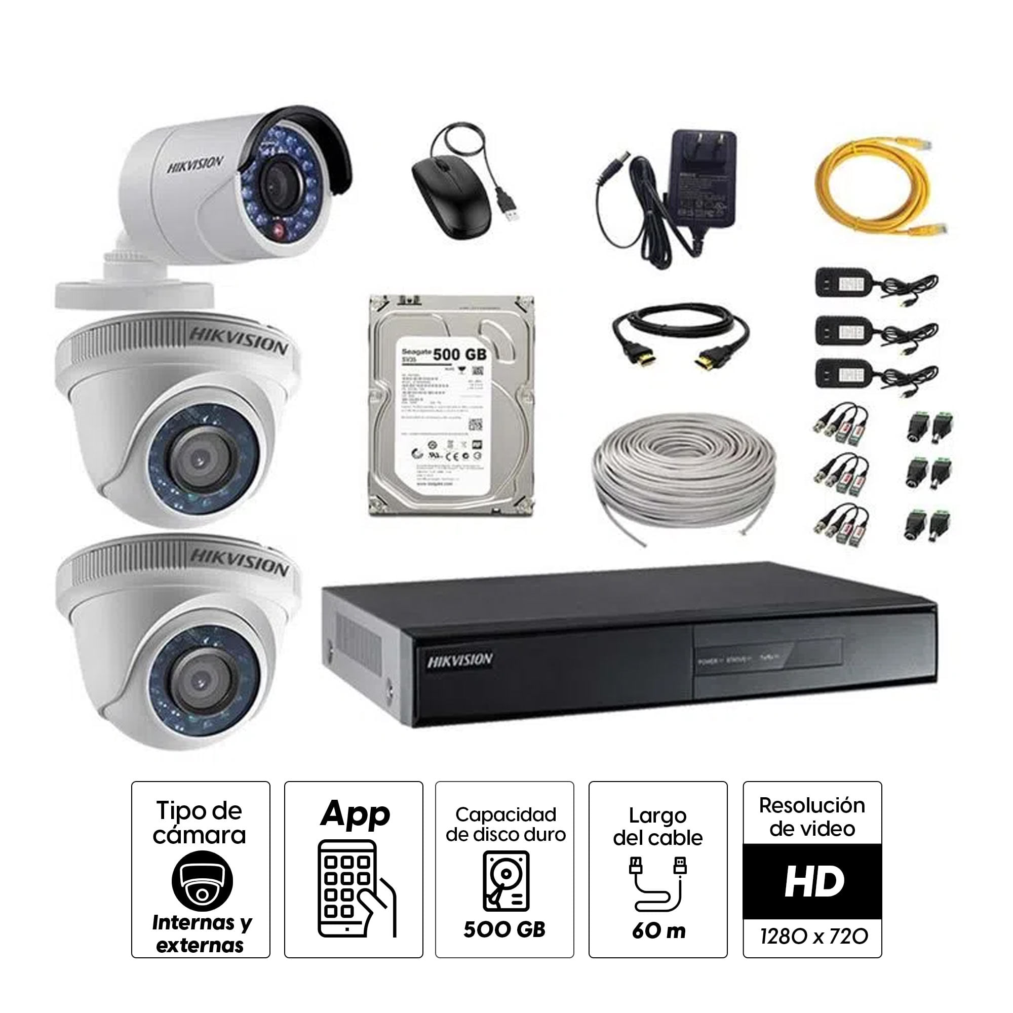 Imagen 2 del producto Kit de cámaras de seguridad Hikvision 3 cámaras, 720P + DVR + disco duro de 500GB + 60 m de cable Cat 5E