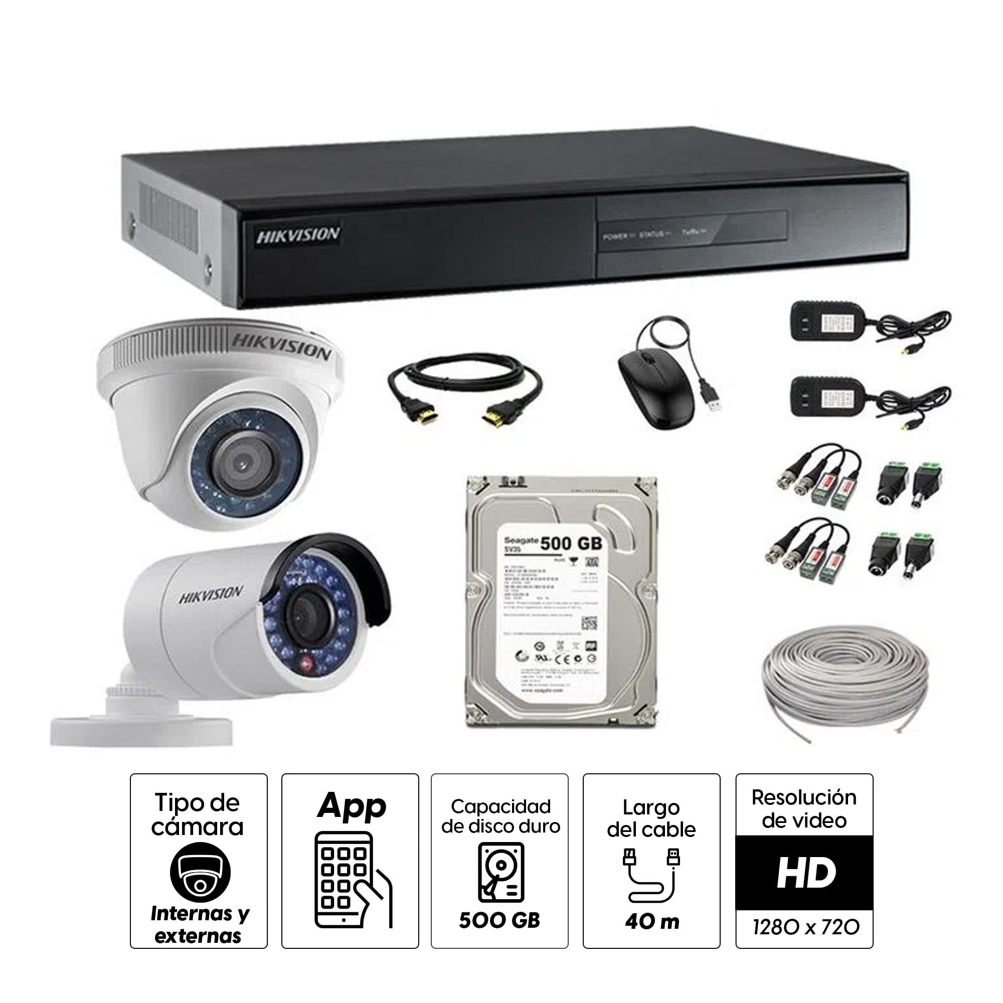 Imagen 2 del producto Kit de cámaras de seguridad Hikvision 2 cámaras, 720P + DVR + disco duro de 500GB + 40 m de cable Cat 5E