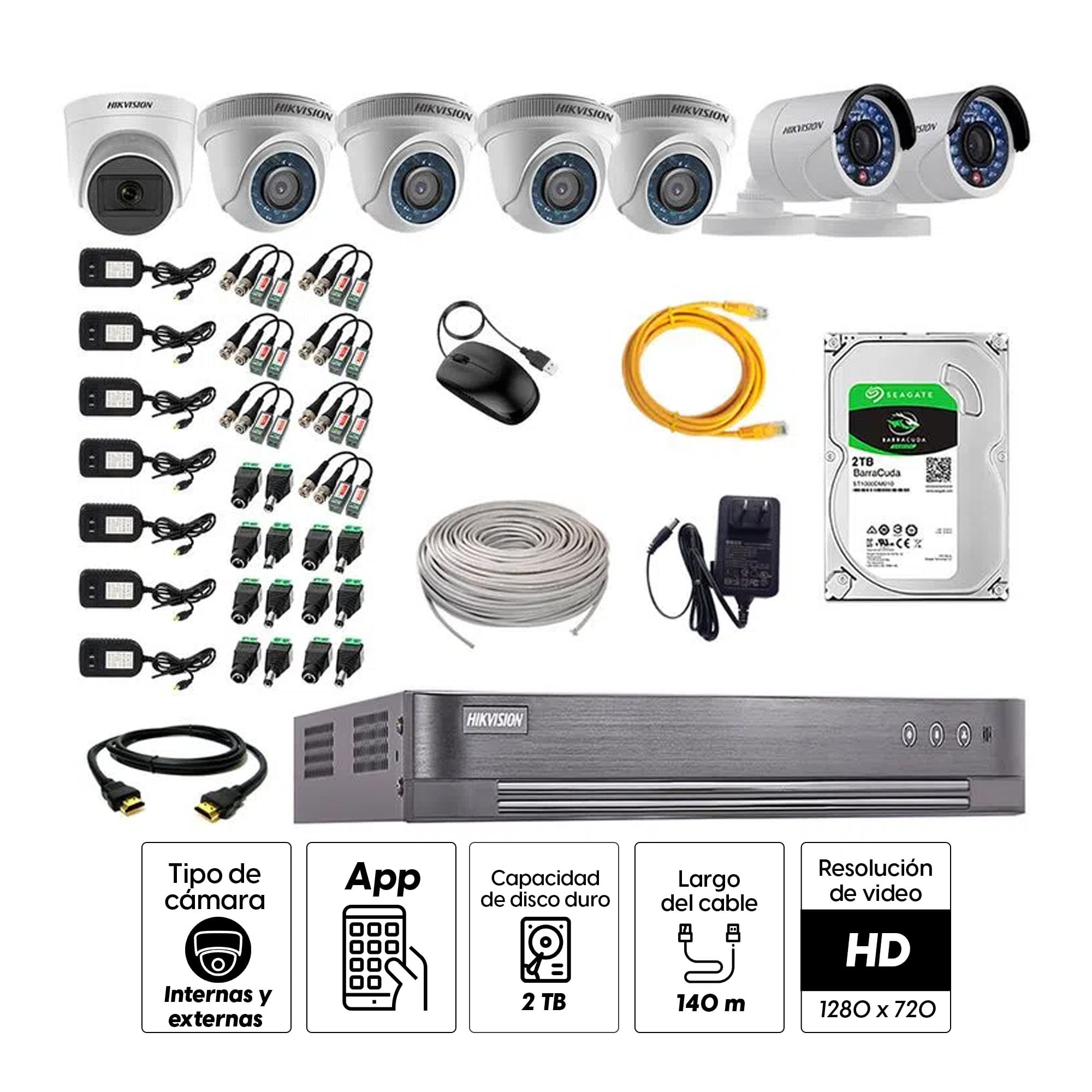 Imagen 2 del producto Kit de cámaras de seguridad Hikvision 7 cámaras (incluye una cámara con micrófono), 720P HD + DVR + disco duro de 2TB