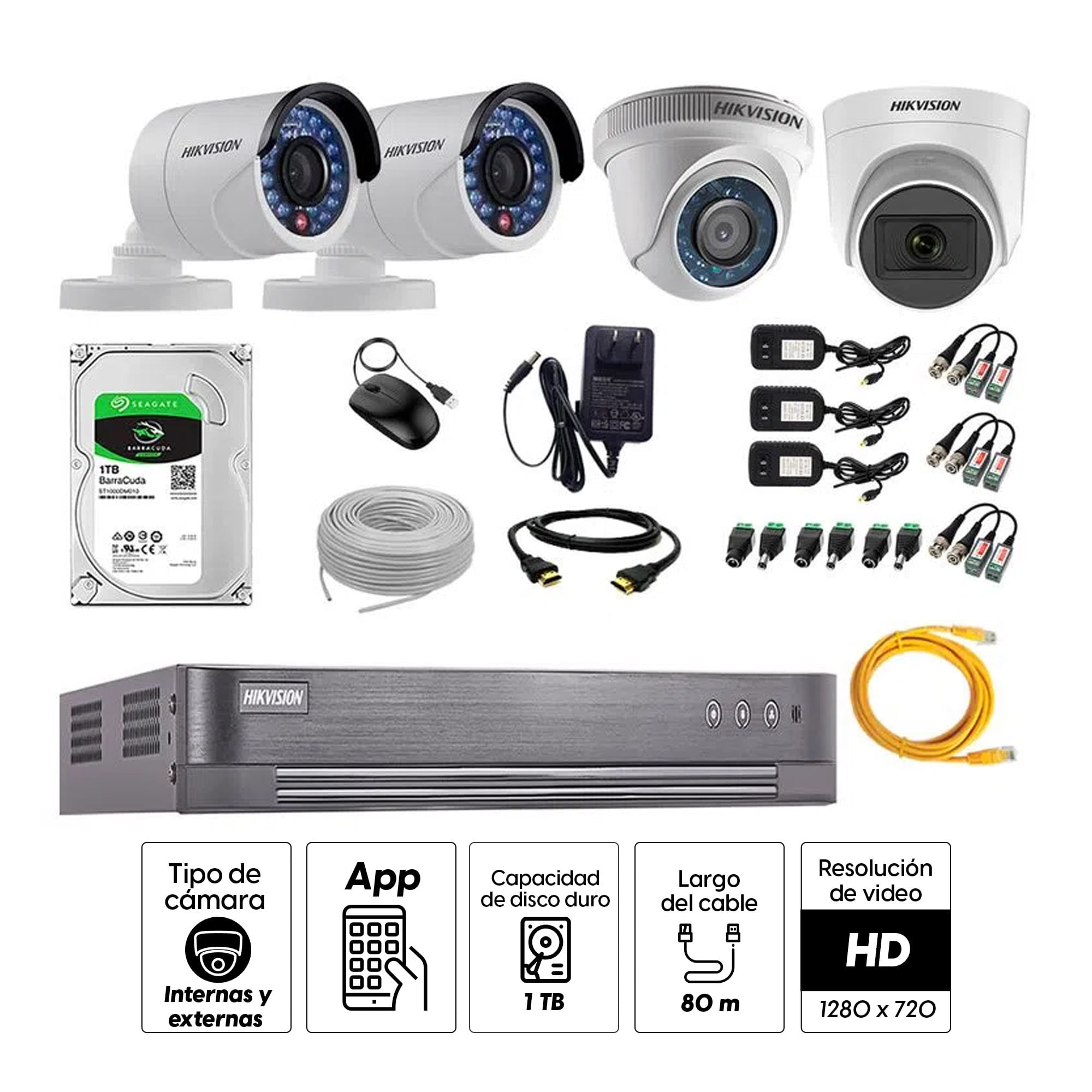 Imagen 2 del producto Kit de cámaras de seguridad Hikvision 4 cámaras (incluye una cámara con micrófono), 720P HD + DVR + disco duro de 1TB