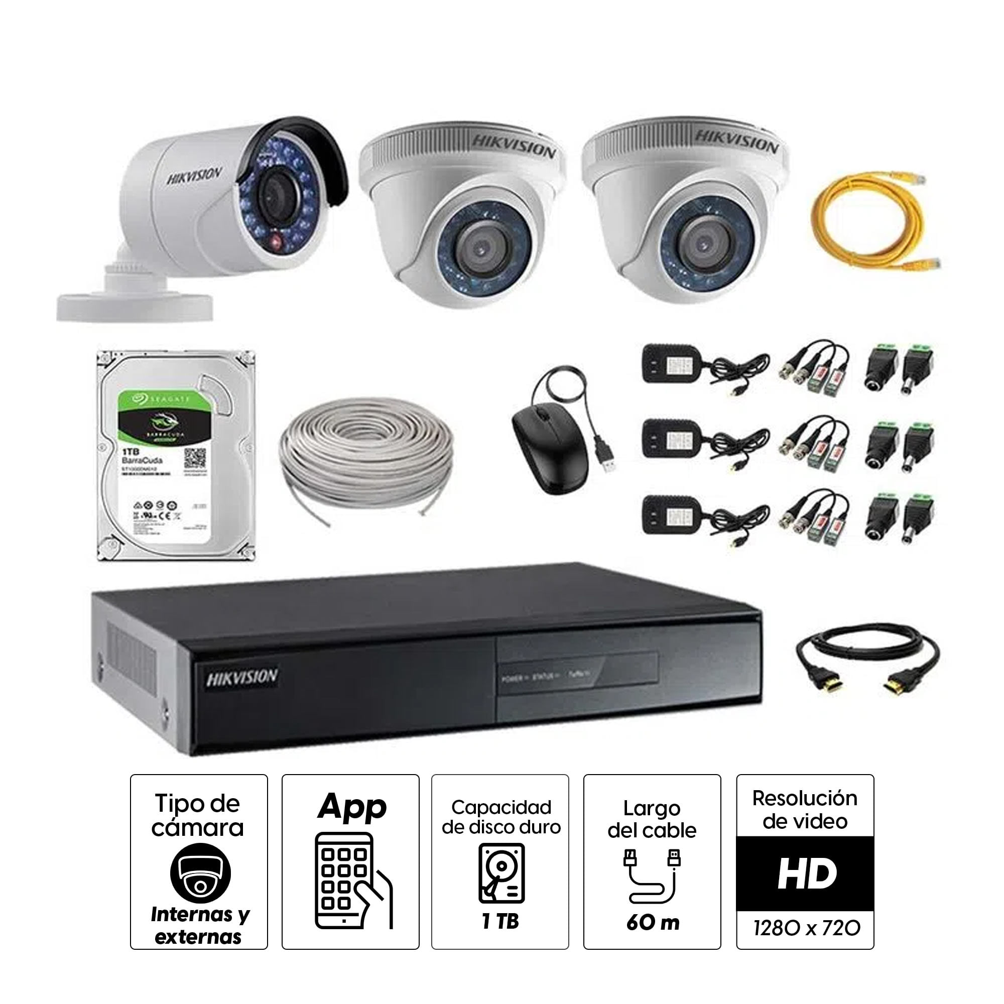 Imagen 2 del producto Kit de cámaras de seguridad Hikvision 3 cámaras, 720P + DVR + disco duro de 1TB + 60 m de cable Cat 5E