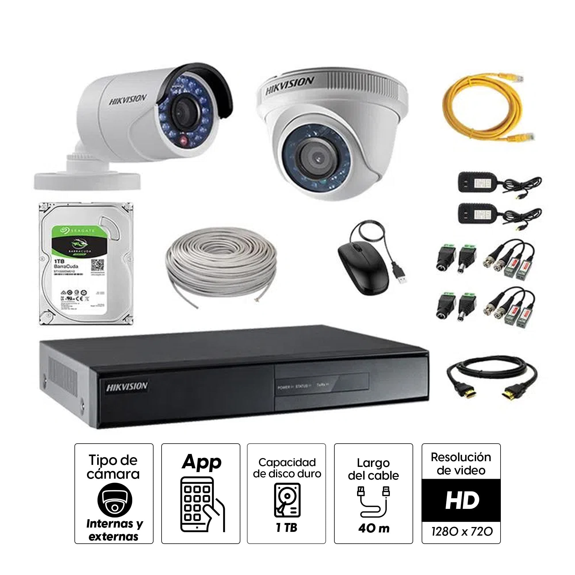 Imagen 2 del producto Kit de cámaras de seguridad Hikvision 2 cámaras, 720P + DVR + disco duro de 1TB