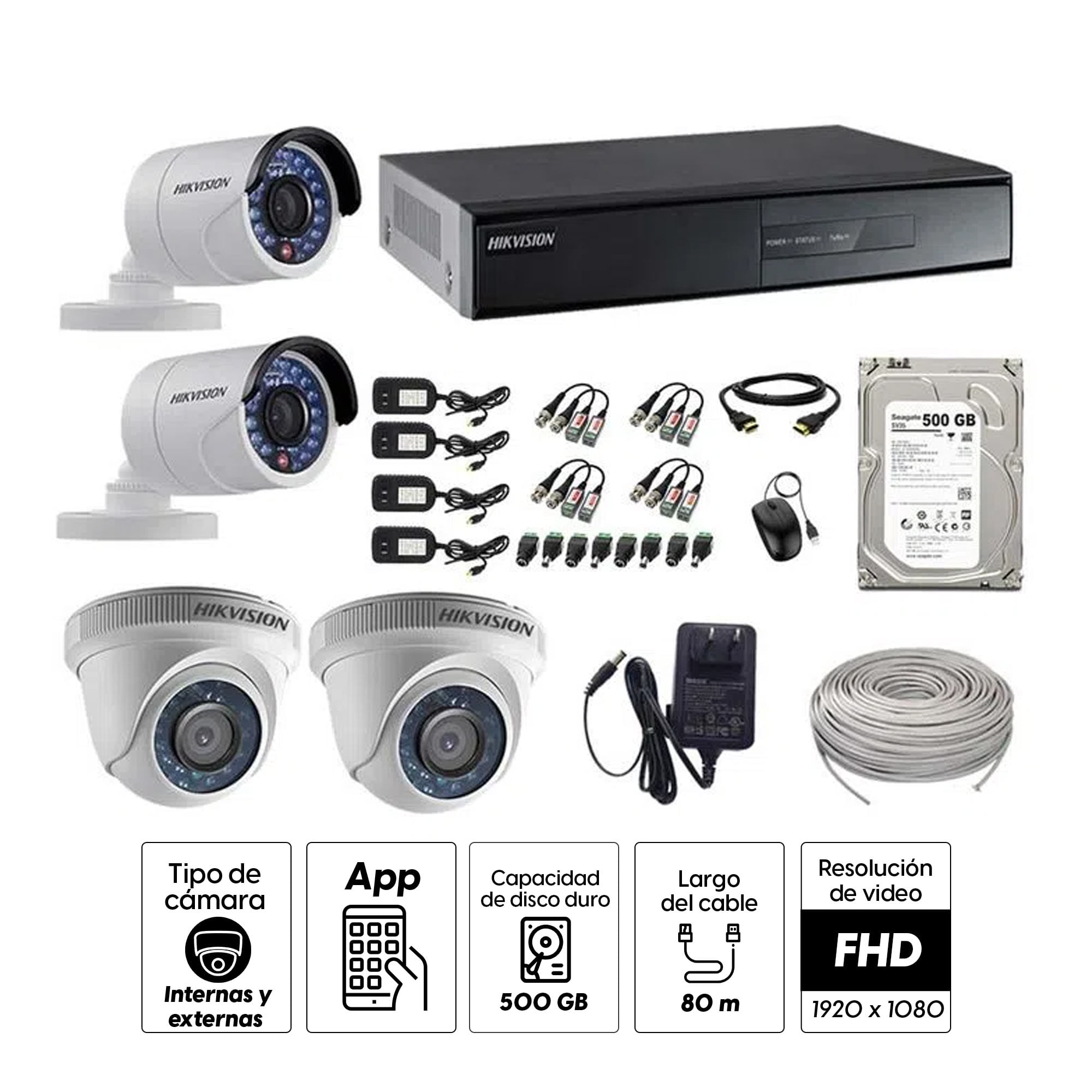 Imagen 2 del producto Kit de cámaras de seguridad Hikvision 4 cámaras, 1080P + DVR + disco duro de 500GB + 80 m de cable Cat 5E