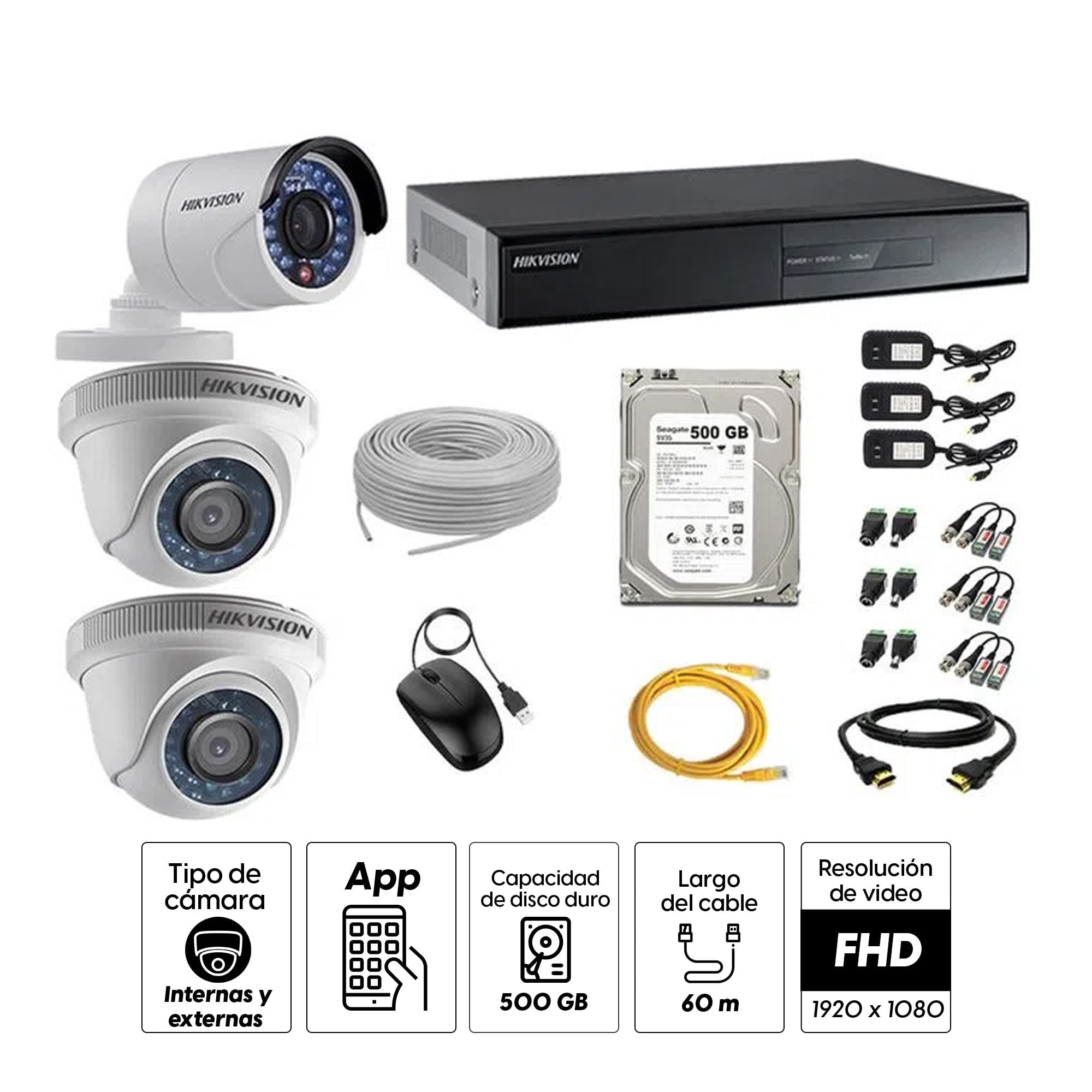 Imagen 2 del producto Kit de cámaras de seguridad Hikvision 3 cámaras, 1080P + DVR + disco duro de 500GB + 60 m de cable Cat 5E