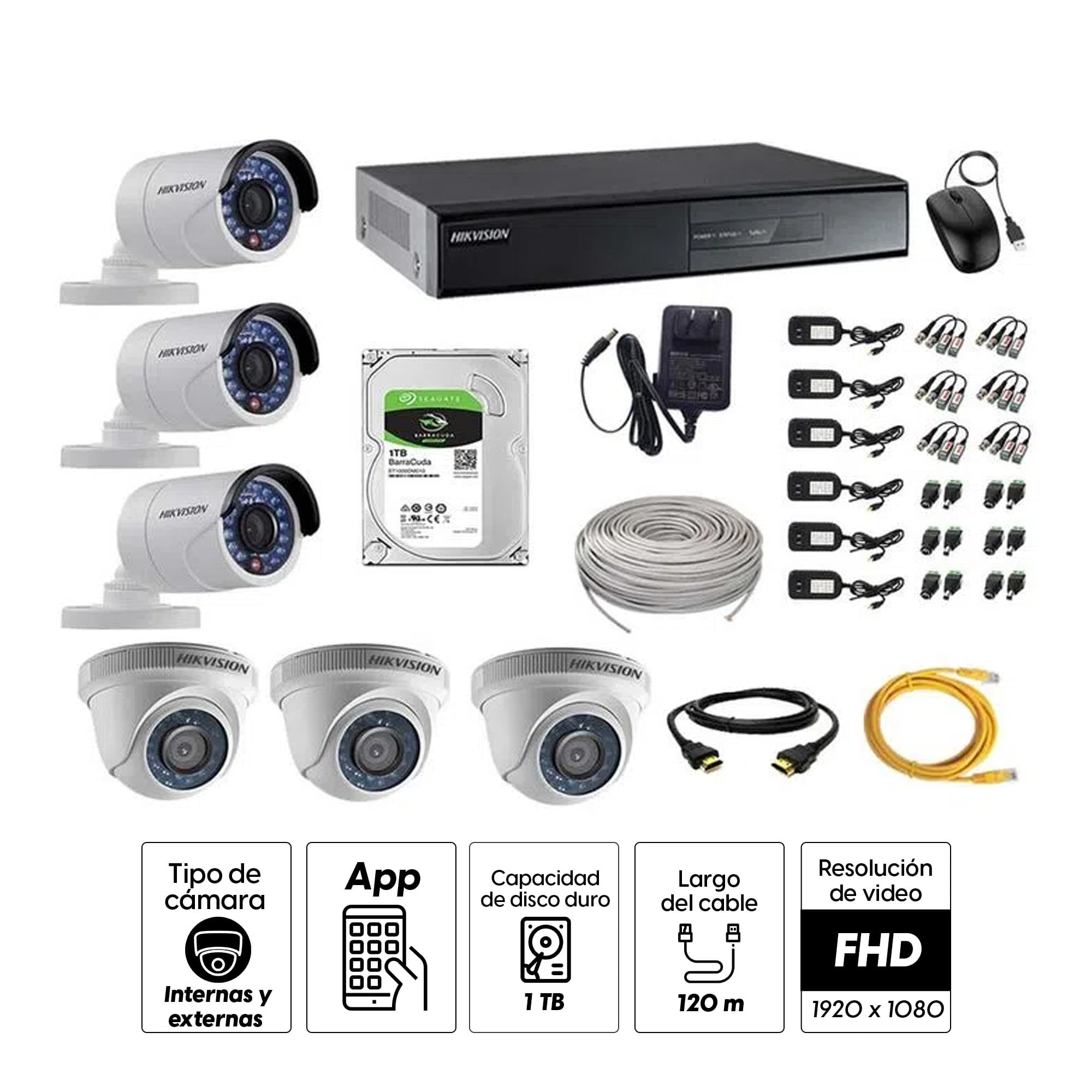 Imagen 2 del producto Kit de cámaras de seguridad Hikvision 6 cámaras, 1080P + DVR + disco duro de 1TB + 120 m de cable Cat 5E
