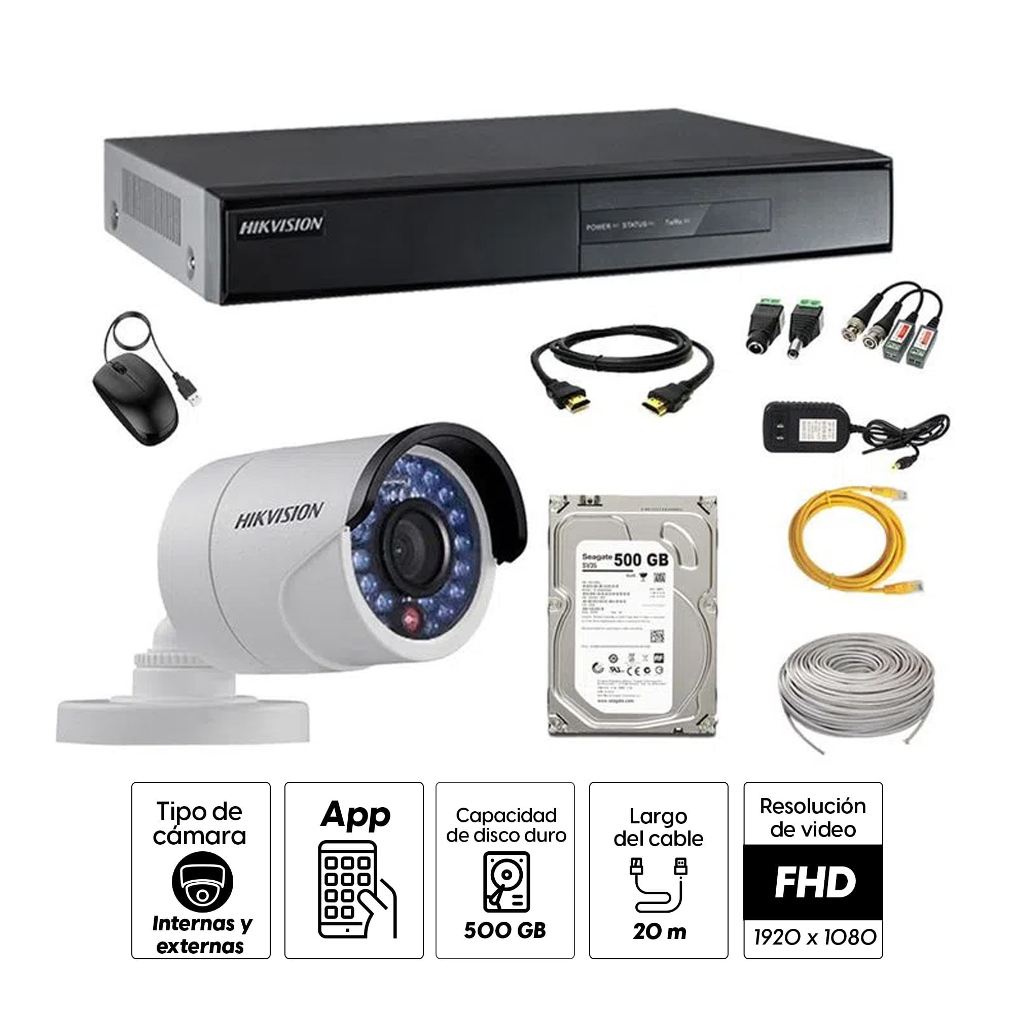 Imagen 2 del producto Kit de cámaras de seguridad Hikvision 1 cámara, 1080P + DVR + disco duro de 500GB + 20 m de cable Cat. 5