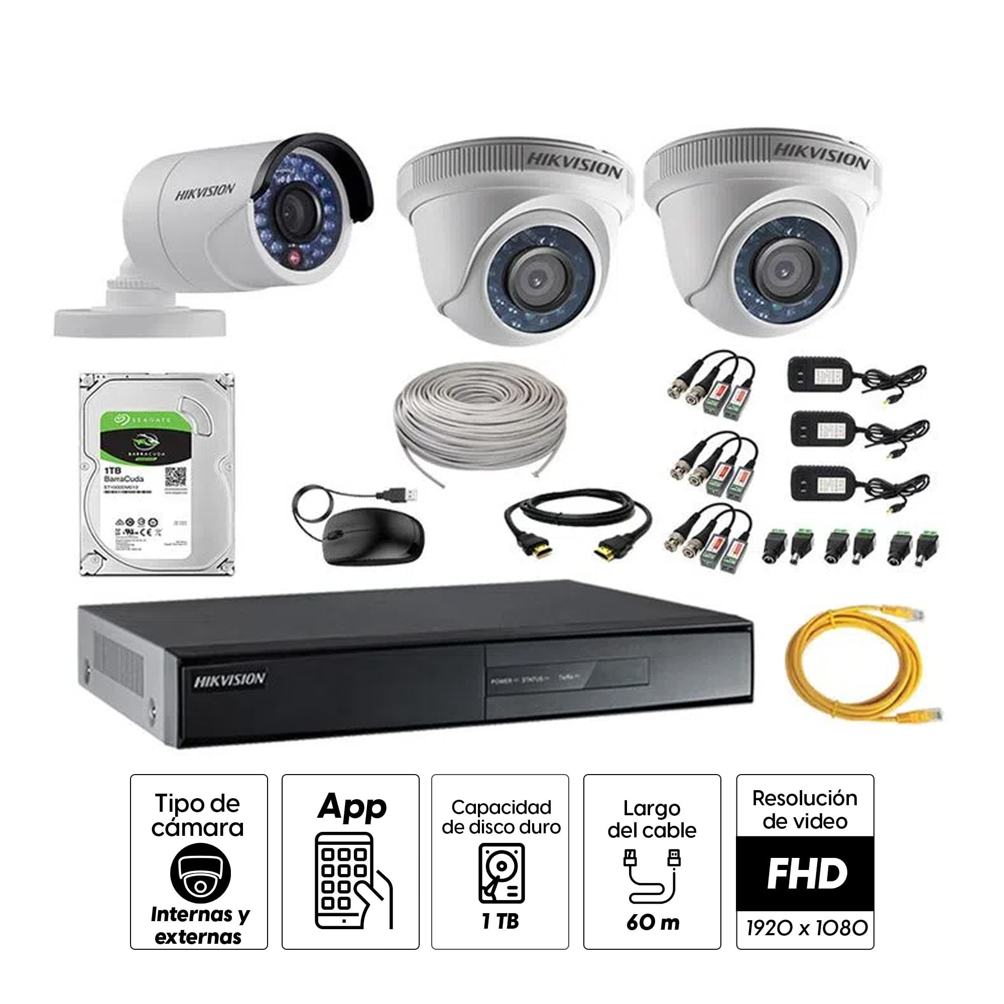 Imagen 2 del producto Kit de cámaras de seguridad Hikvision 3 cámaras, 1080P + DVR + disco duro de 1TB