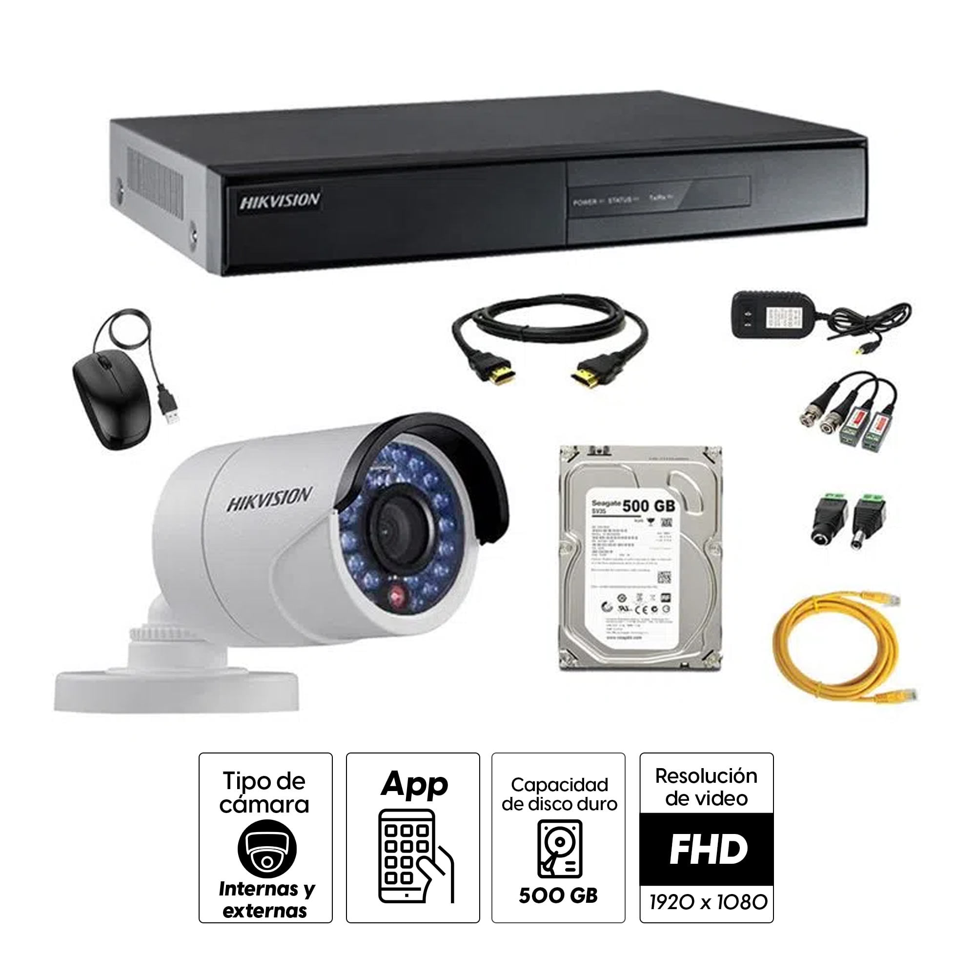 Imagen 2 del producto Kit de cámaras de seguridad Hikvision 1 cámara, 1080P + DVR + disco duro de 500GB