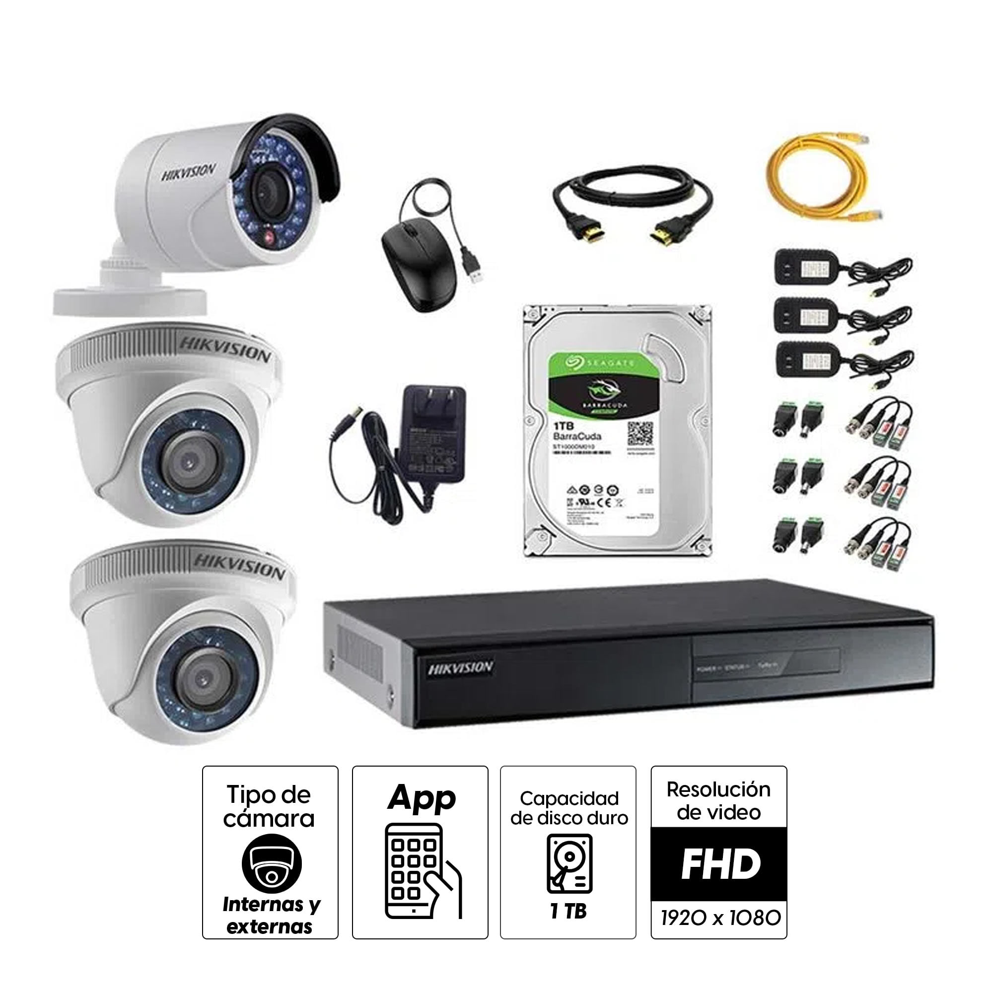 Imagen 2 del producto Kit de cámaras de seguridad Hikvision 3 cámaras, 1080P + DVR + disco duro de 1TB