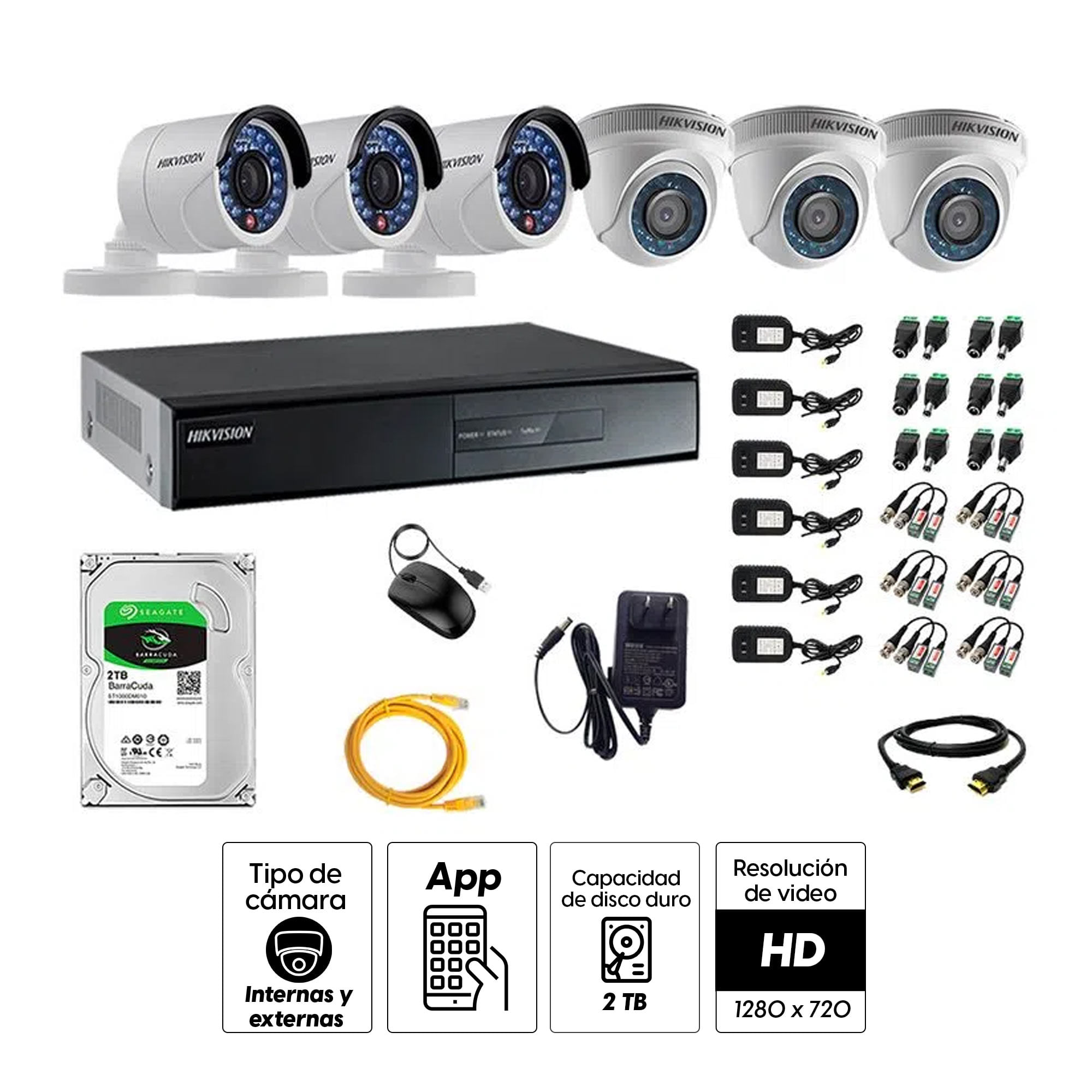 Imagen 2 del producto Kit de cámaras de seguridad Hikvision 6 cámaras, 720P HD + DVR + disco duro de 2TB + cable HDMI